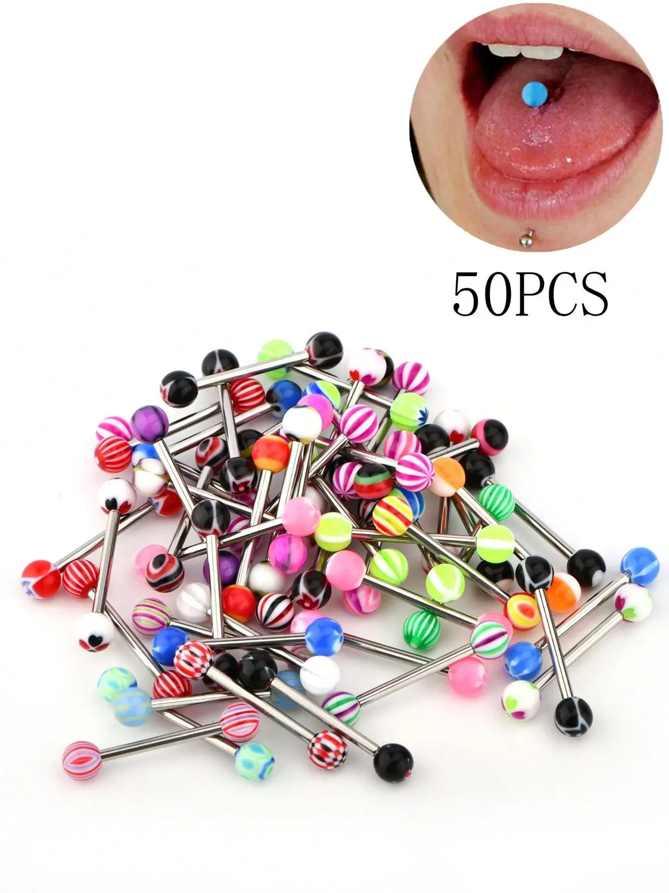 50pcs 14g 16mm Hypoallergenic Tongue & Nipple Piercing Barbell Rings, Candy Color, Stainless Steel & Plastic, Flexible with Tongue Balls