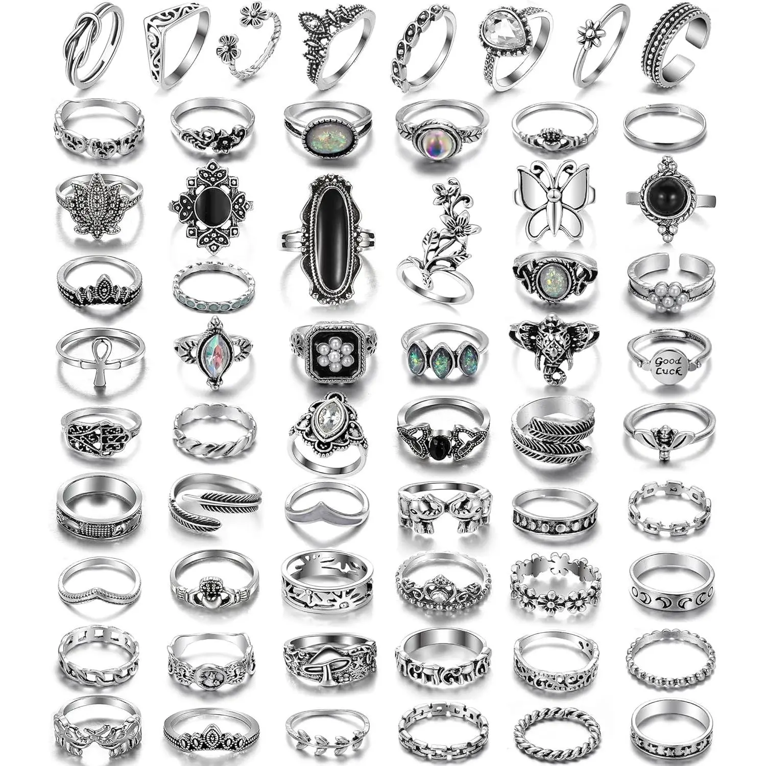 Vintage Silver Knuckle Rings Set for Women Men, Chunky Rings Aesthetic Snake Grunge Stackable Gothic Ring Adjustable Y2K Punk Bulky Boho Finger Alt Rings, Stacking Fairy Skull Frog Heart Star Flower Midi Ring Pack