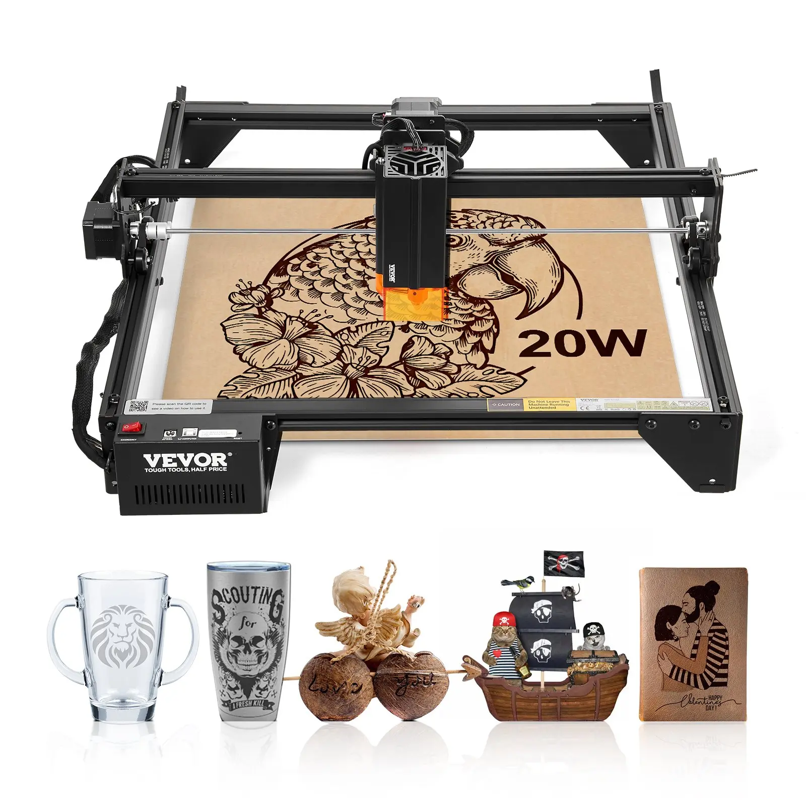 VEVOR 20W Power Laser Engraver Cutter Machine, 35x40cm/13.7x15.7in Working Area, 10000mm/min Movement Speed, Compressed Spot with Eye Protection, for Wood, Select Metals, 13.7X 15.7 In Working Area
