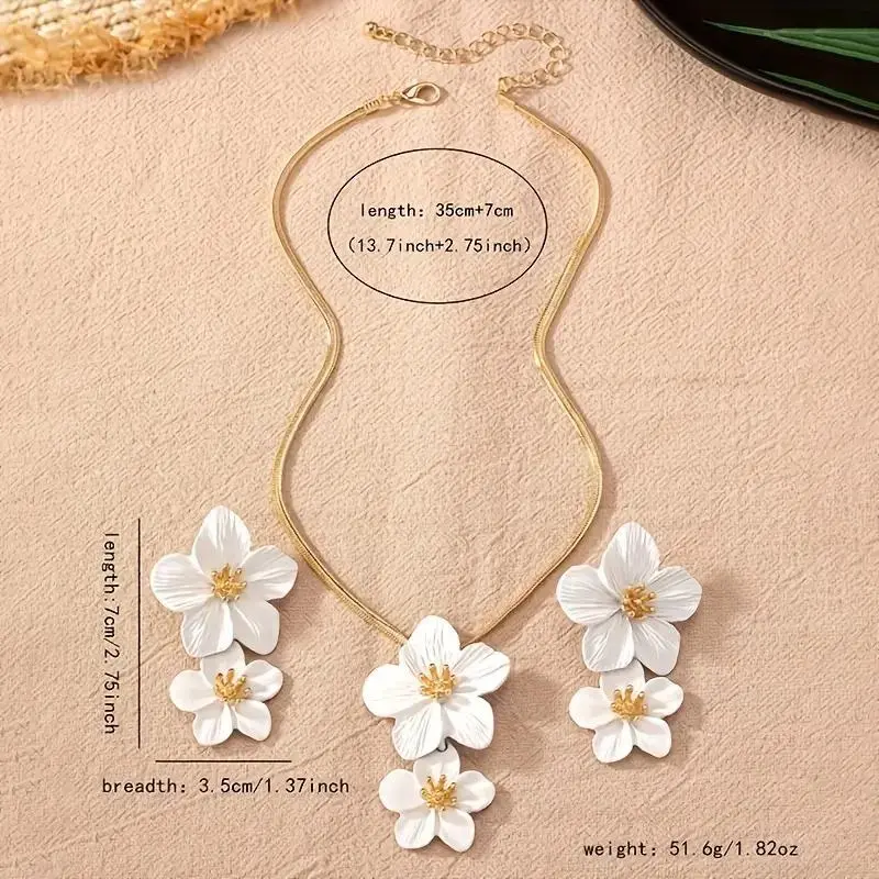 Elegant Delicate Floral Drop 2-Piece Necklace & Hypoallergenic Earrings Set - Double-Flower Design, Crafted with Lightweight Materials, Comfortable for All-Day Wear, Romantic Statement Jewelry for Daily & Party Wear