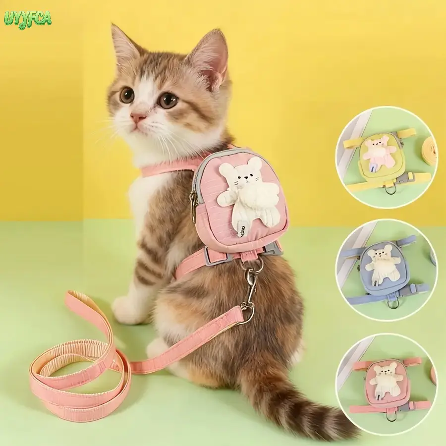 Cute Plush Bear Small Pet Harness Leash Set, I-Shape Breathable Mesh Cat Dog Vest Harness With Mini Zipper Storage Backpack, Soft Pastel Walking Gear For Kitten Puppy Small Breed Daily Outdoor Walk,Puppy Harness