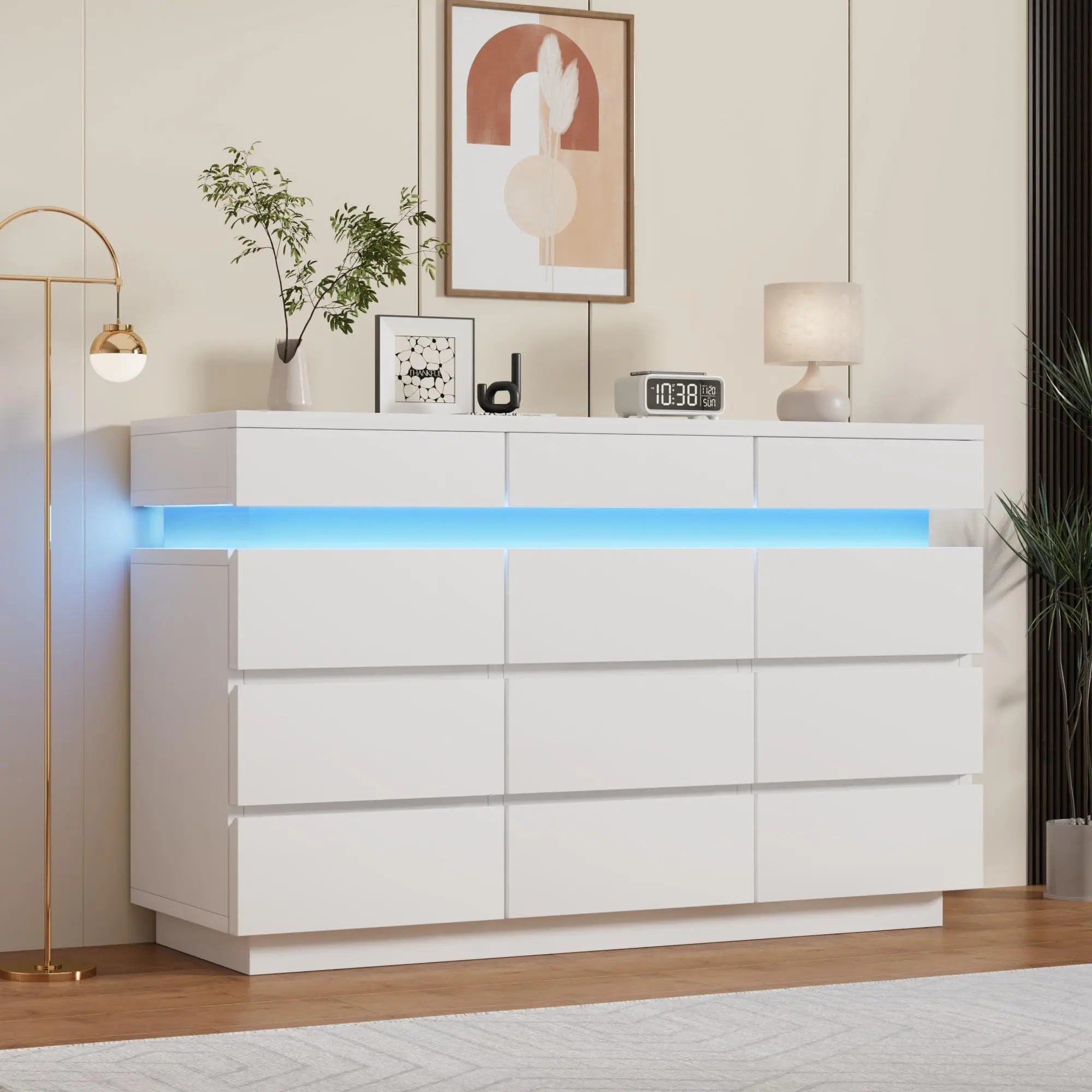 Garvee 9 Drawer Dresser for Bedroom, 59" Wooden Dresser with LED Lights and Large Storage Drawers, Modern Dressers & Chests of Drawers with Anti-Tipping Design for Living Room Bedroom (White, 12 Drawers)