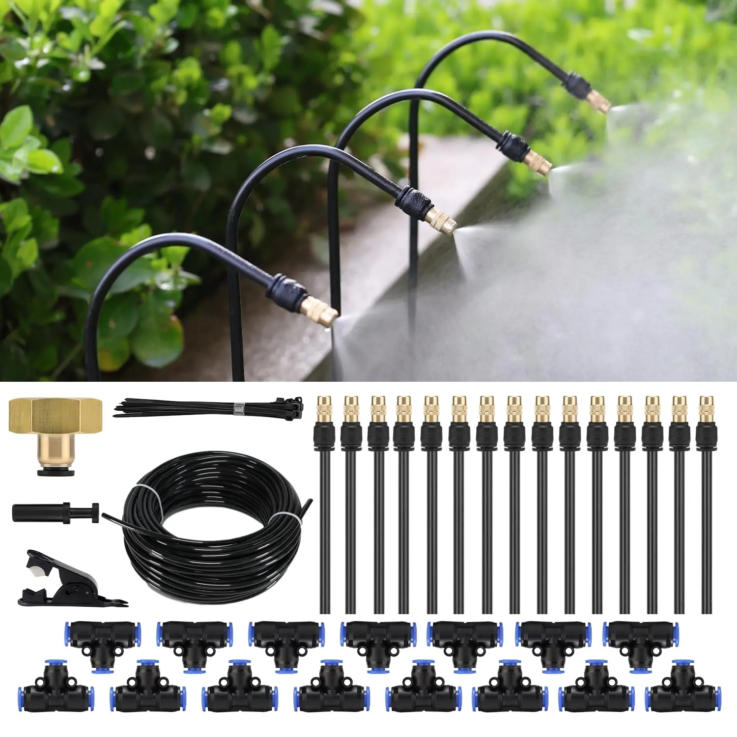 50FT Drip Irrigation Kit, Complete Outdoor Garden Watering System with Rust-Proof Copper Heads, UV-Stabilized Flexible Hoses, Push-Lock Fittings & Adjustable Flow for Lawn, Greenhouse