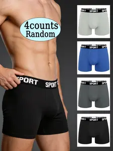 Men's Sporty Briefs Set of 4, Letter Print Waistband, High Stretch Breathable Fitness Shorts, Comfortable Athletic Underwear, Stretchy Sports Underwear