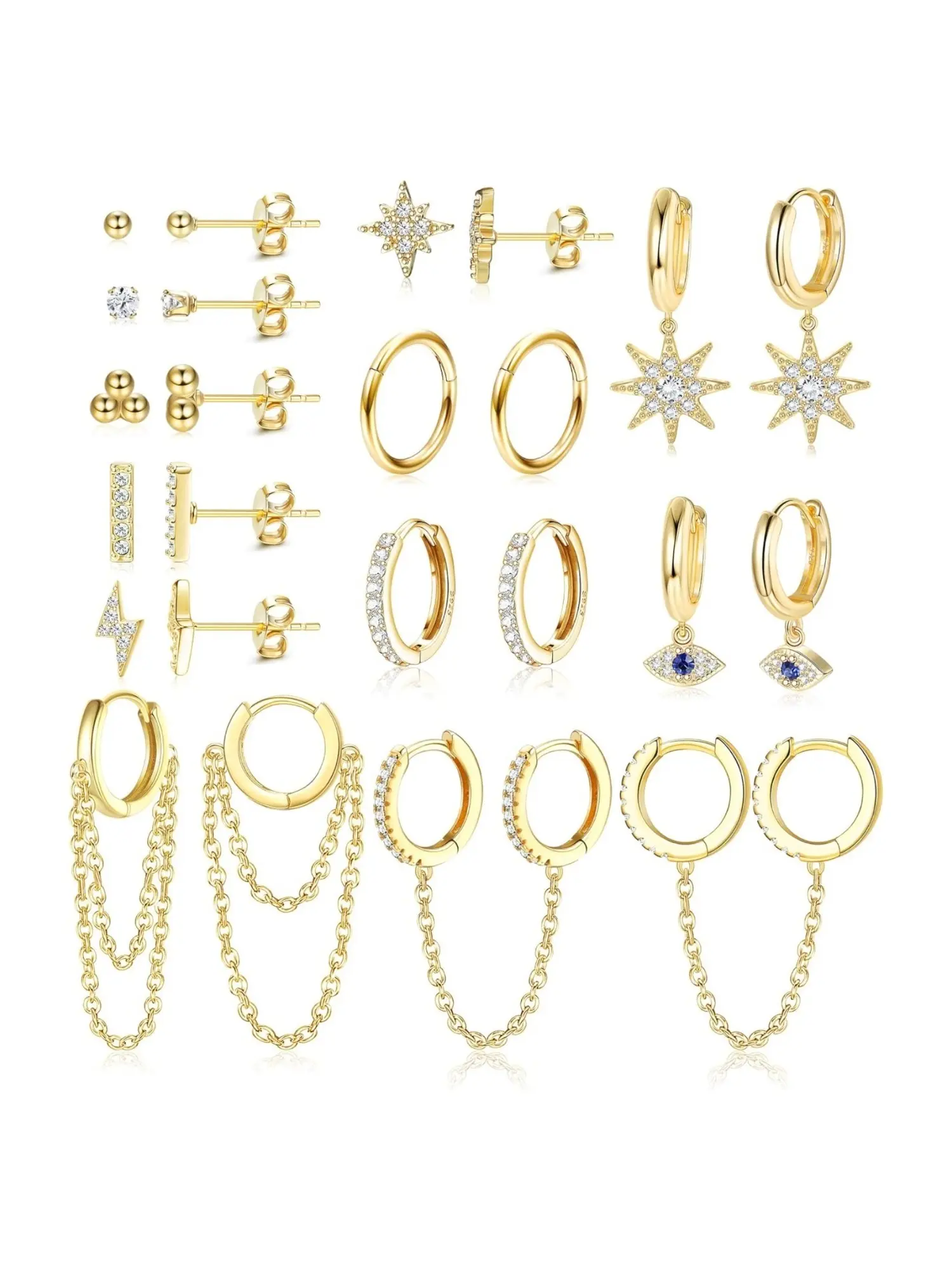 12 Pairs Bling CZ Golden Multi-Style Cartilage Earring Set, Stud Earring Pack, Stainless Steel Copper Alloy Stud Huggie Hoop Chain Dangle Jewelry with Star Lightning Evil Eye Motifs for Women Basic Studs Huggie Hoops