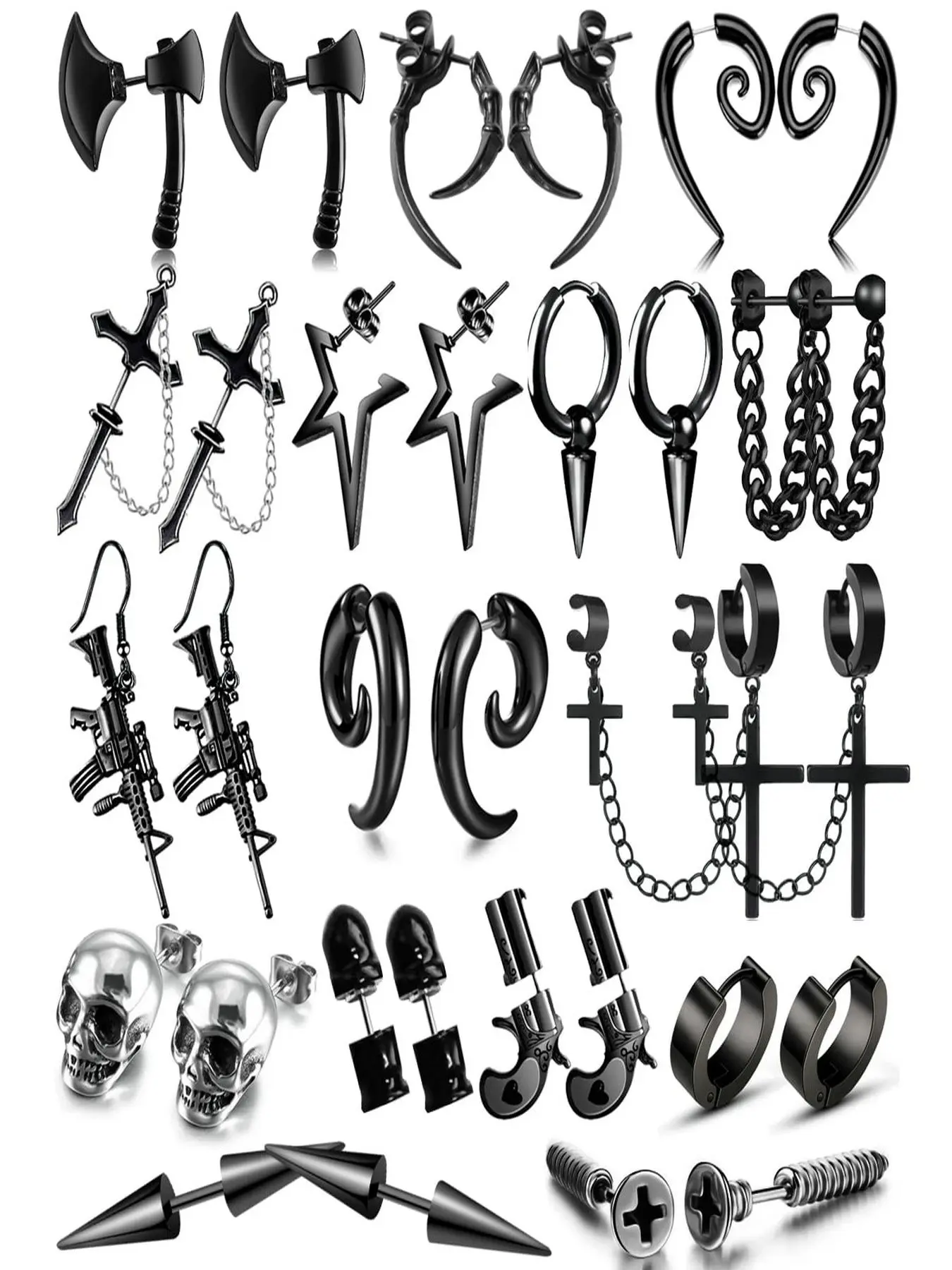 Jinxuan-16 Pairs Stainless Steel Punk Dangle Earrings, Unisex, Axe Skull Spiral Cone Styles, Long Chain Set, Earlobe and Piercing Friendly