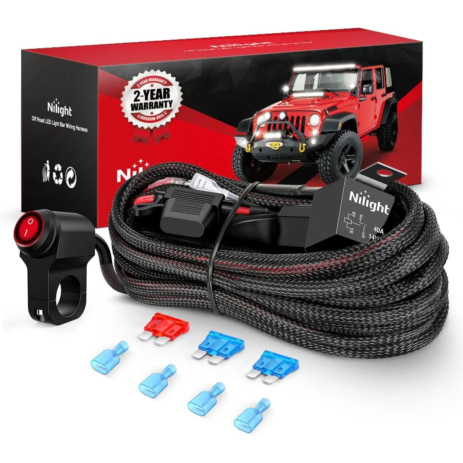 Nilight Nylon 16 AWG 2-Lead Wiring Harness Kit - 12V Motorcycle Handlebar Fit On-Off Switch, Power Relay, Blade Fuse, Dustproof Plastic & Aluminum Alloy Components, Overload Safe, IP67 Waterproof, LED Support for Off Road Lights (12V Motorcycles, ATV), Sc