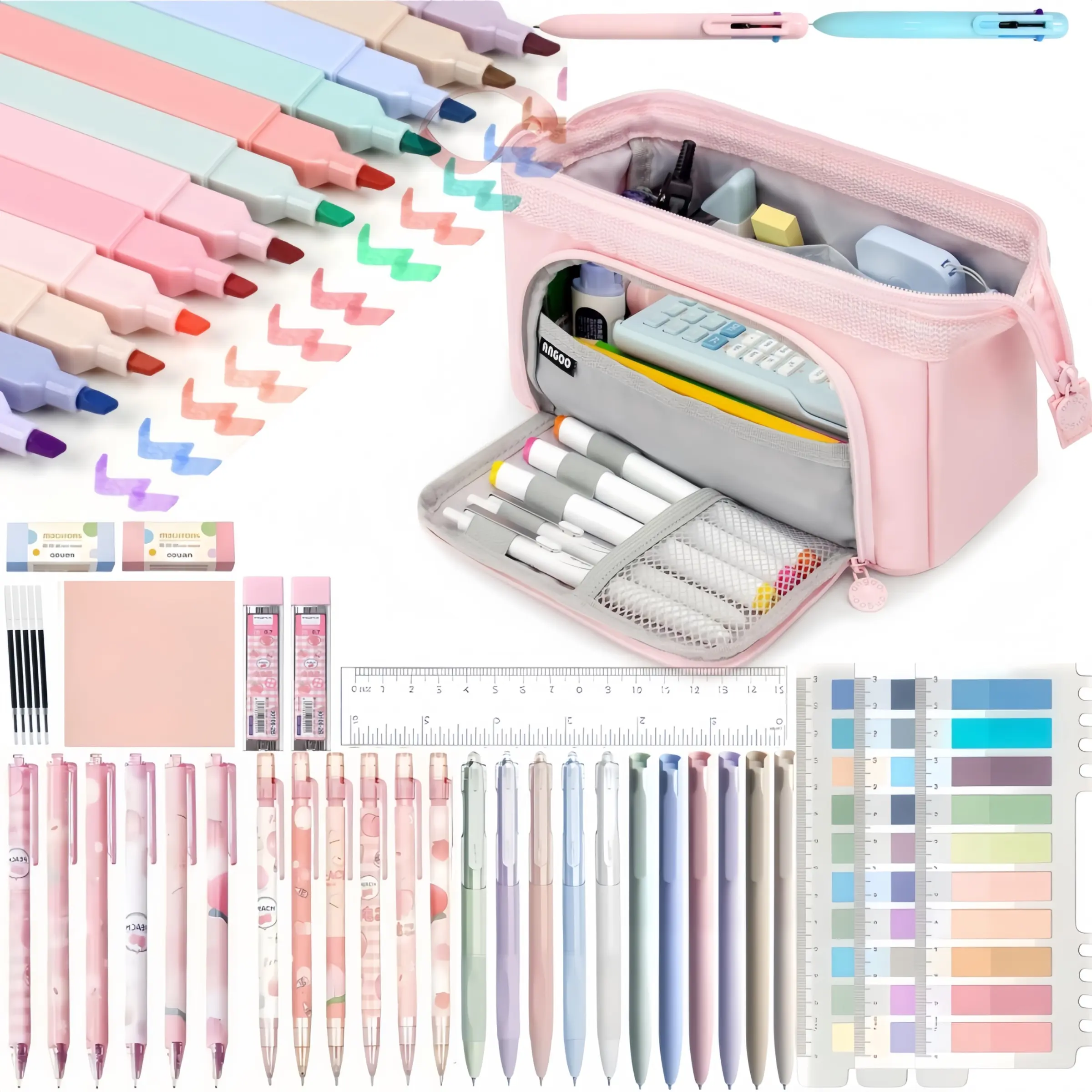 52PCS Aesthetic School Supplies With Large Pencil Case,Black Ink Gel Pens,0.5 mm Smooth Fine Point,Mechanical Pencils Set, highlighter,Sticky Notes,Stationery Bag School College Office Organizer for Teens Girls Adults Student.back to school.