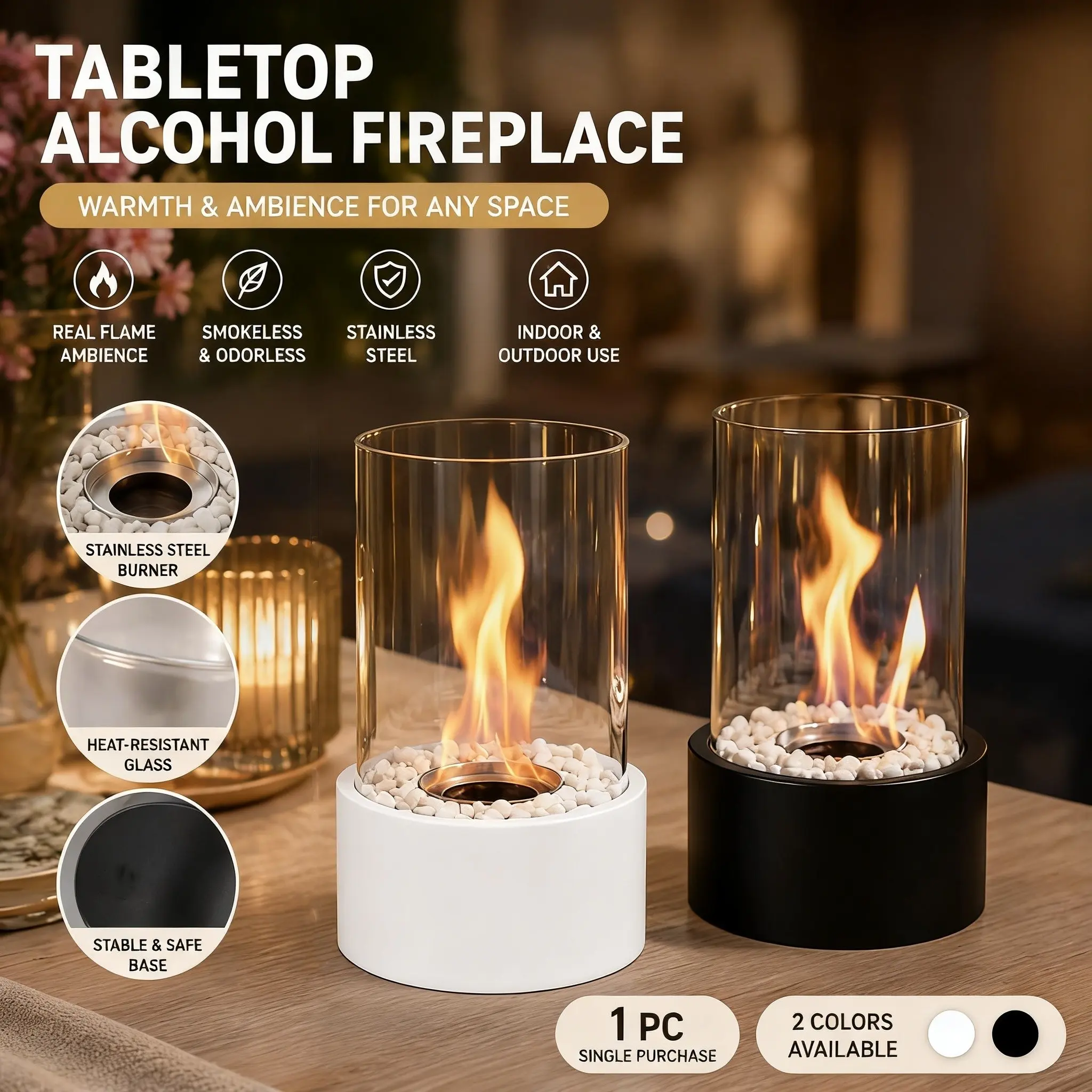 Portable Stainless Steel Desktop Alcohol Fireplace, Tabletop Fire Pit, Outdoor Fireplace, Cozy Atmosphere, Holiday Gift Idea, Patio Fireplace with Round Glass Strip Ambient Light