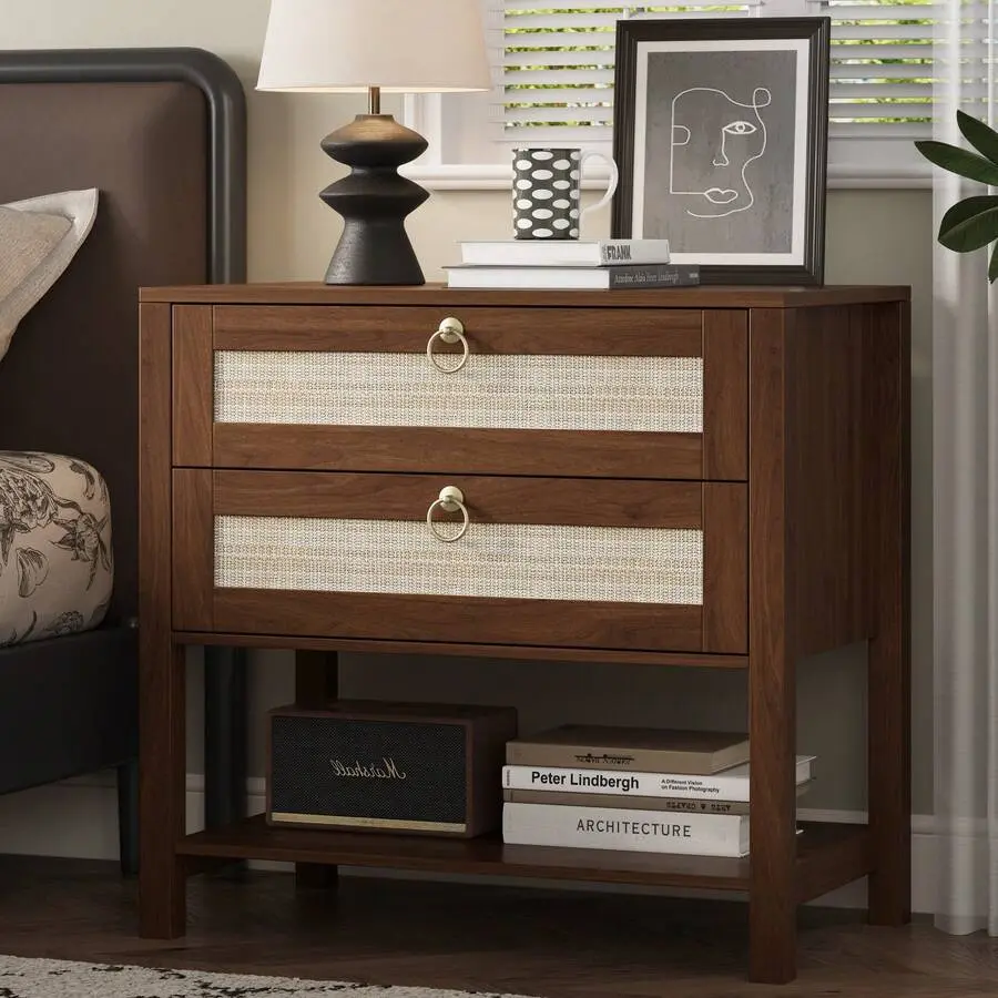 Wooden Nightstand - Boho Coastal Rectangular Engineered Wood Piece with Rattan Texture, Drawer, Open Shelf, Plastic Accents, Protective Legs, 15.59"d x 26.77"w x 25.59", Assembly Required Bedroom End Table for Storage Organization