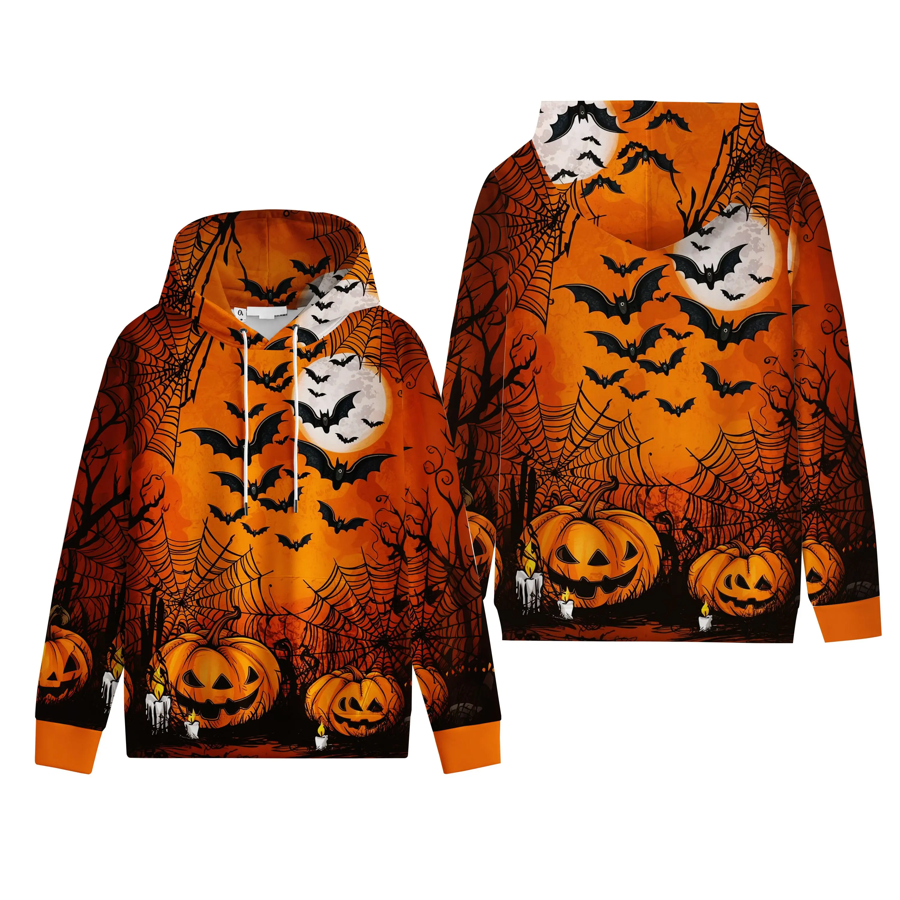 Halloween Hoodie for Men Women, Unisex Pumpkin Bat Spider Web Pullover Sweatshirt, Orange Black Graphic Hoodie with Hood, Drawstrings, Kangaroo Pocket, Fall Party Outfit, Trick or Treat Costume Top, Couples Streetwear Gift for Spooky Season