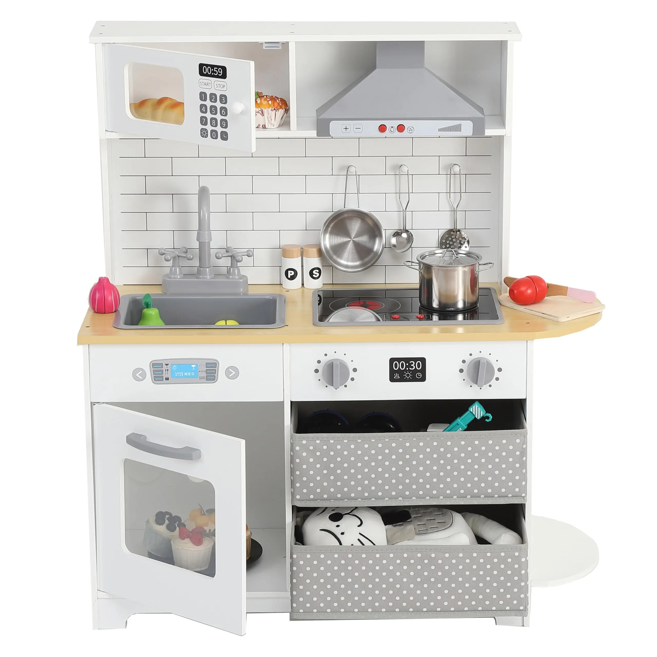 Modern Wooden Play Kitchen Set for Kids – Realistic Cooking Sounds & Lights – Ample Storage – Complete Accessories – Pretend Kitchen Role Play Toy for Toddlers Ages 3+