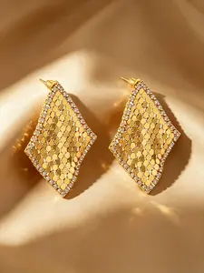18K Gold Tone Plated Rhombus Scale Mesh Drop Earrings, Full Cubic Zirconia Border Fish Scale Textured Dangle Earrings, Hypoallergenic Tarnish Free, Luxury Evening Party Statement Jewelry Gift For Women