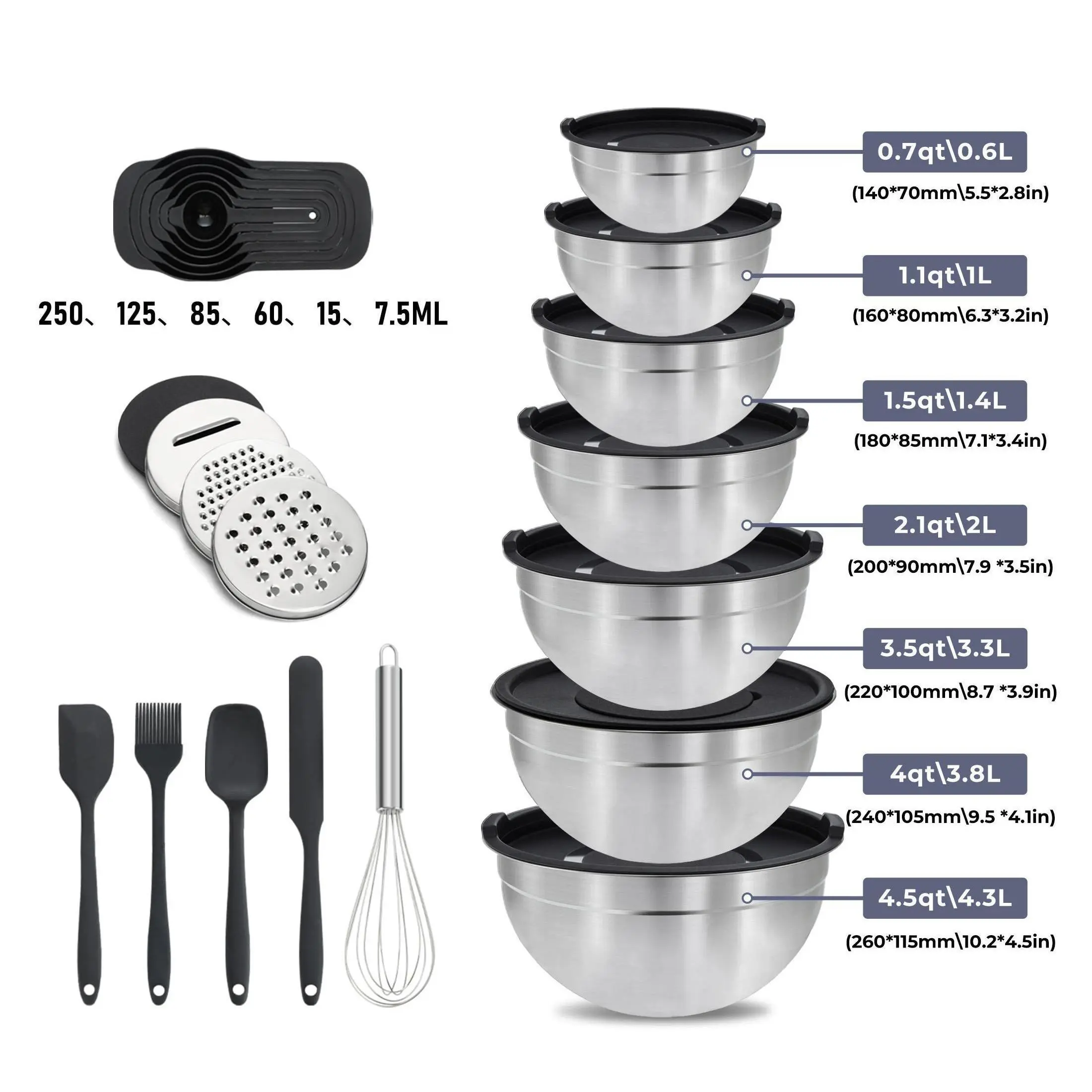 21Piece Mixing Bowls Set with Airtight Lids 7 Stainless Steel Kitchen Bowls 3 Grater Attachments Multifunctional Nesting Bowls for Baking Serving Food Prep Storage Space Saving Durable Rustproof Home Kitchen Gadgets