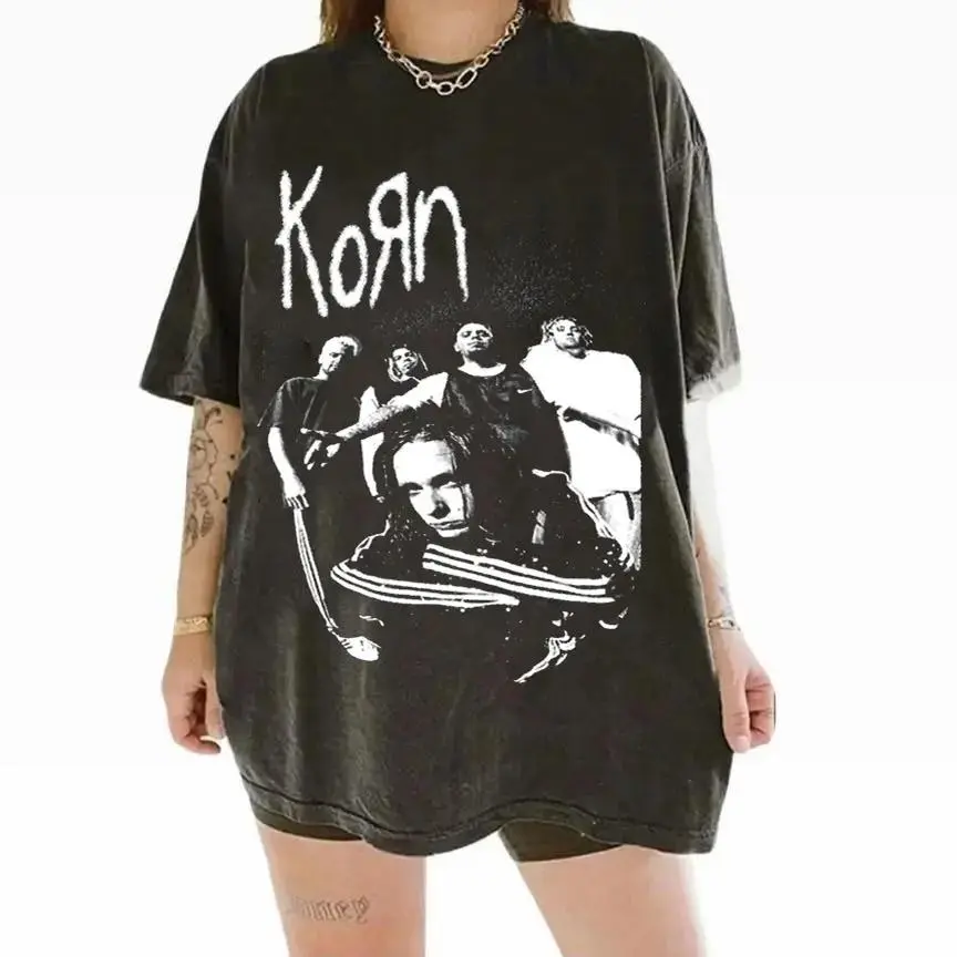 Women's Korn Vintage Band Knitted Short-Sleeve T-Shirt, 90s Rock Graphic Garment, Oversized Grunge Casual Clothes, Unisex Metal Music Top, Shortsleeve