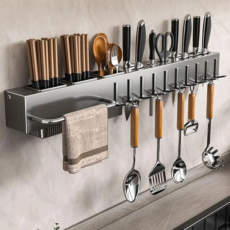 Multi-Functional Kitchen Rack, Wall-Mounted Knife Holder, Chopstick Stand, No Drilling, Integrated Cutlery Organizer, Home Use, Kitchenware, Storage, Utensils