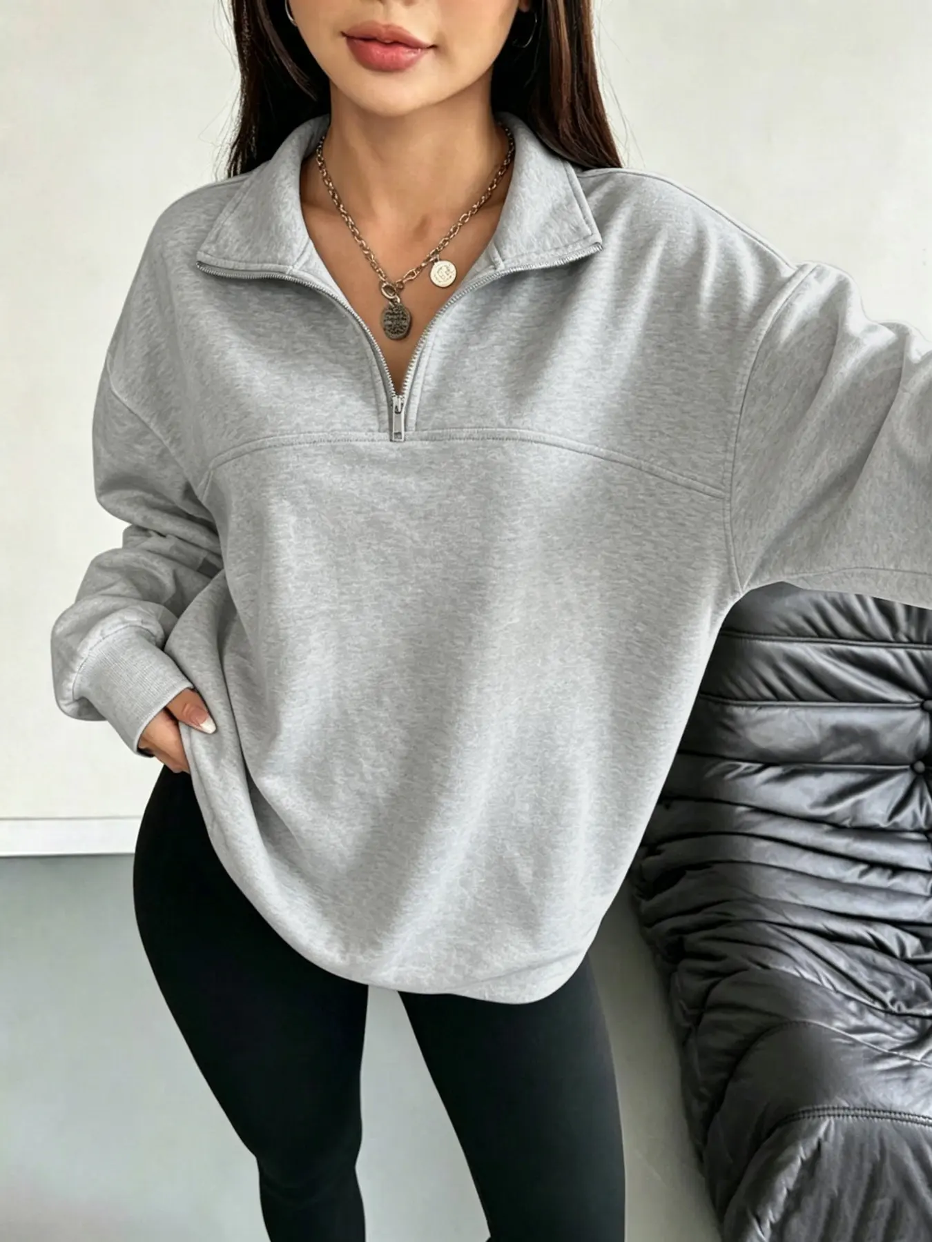 Women's Plain Half-Zip Collared Sweatshirt, Casual Loose-Fit Long Sleeve Top, Soft Street Style, Fall & Winter Fashion, Comfortable Daily Wear