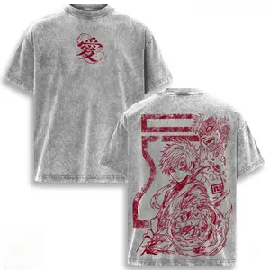 Grunge Retro Washed Cotton Graphic Tee Oversized Baggy Fit Naruto Gaara Red Sand Demon Love Symbol Double Side Print Soft Cotton Short Sleeve Shirt For Skate Anime Festival Casual Daily Travel Outfit