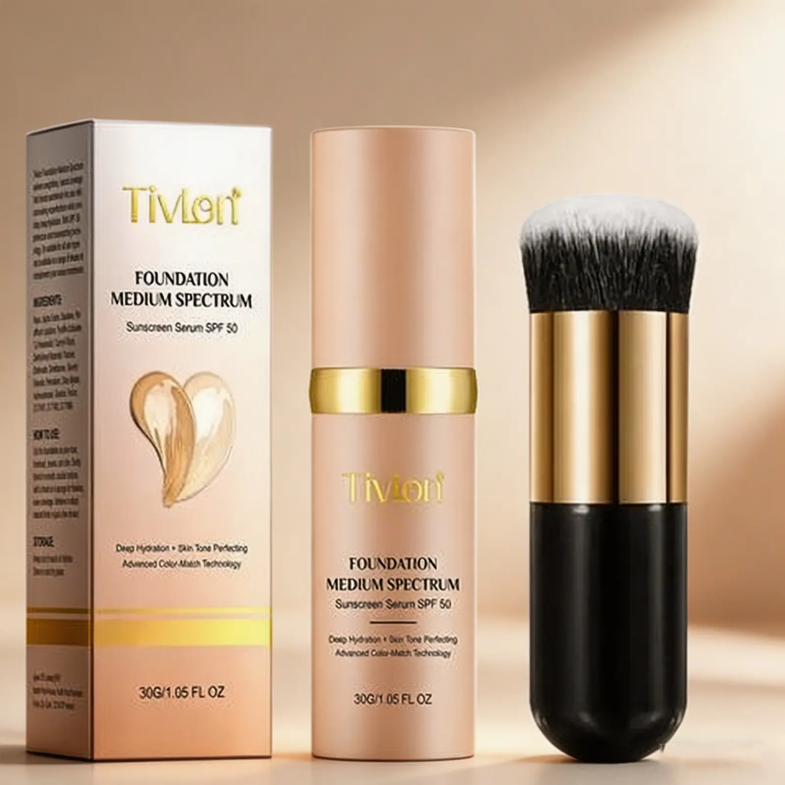 Tivlon Foundation Set, Foundation With Brush, Color-Changing Moisturizing Liquid Foundation + Makeup Brush, Spf50 High Sun Protection, Natural Matte Flawless Concealer, Dry Skin Friendly