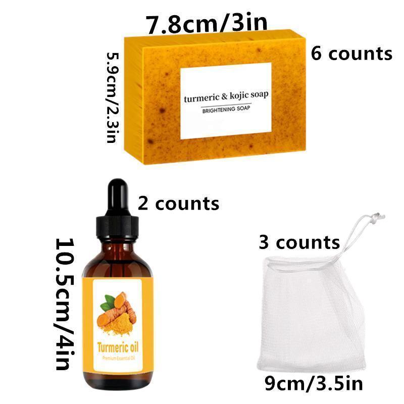 Turmeric Cleansing Soaps & Essential Oil Set, 6 Counts Turmeric Brightening Soap Bar & 2 Counts Turmeric Essential Oil & 3 Counts Foaming Net, Body Cleansing Products, Body Hygiene Products, Skin Care Set