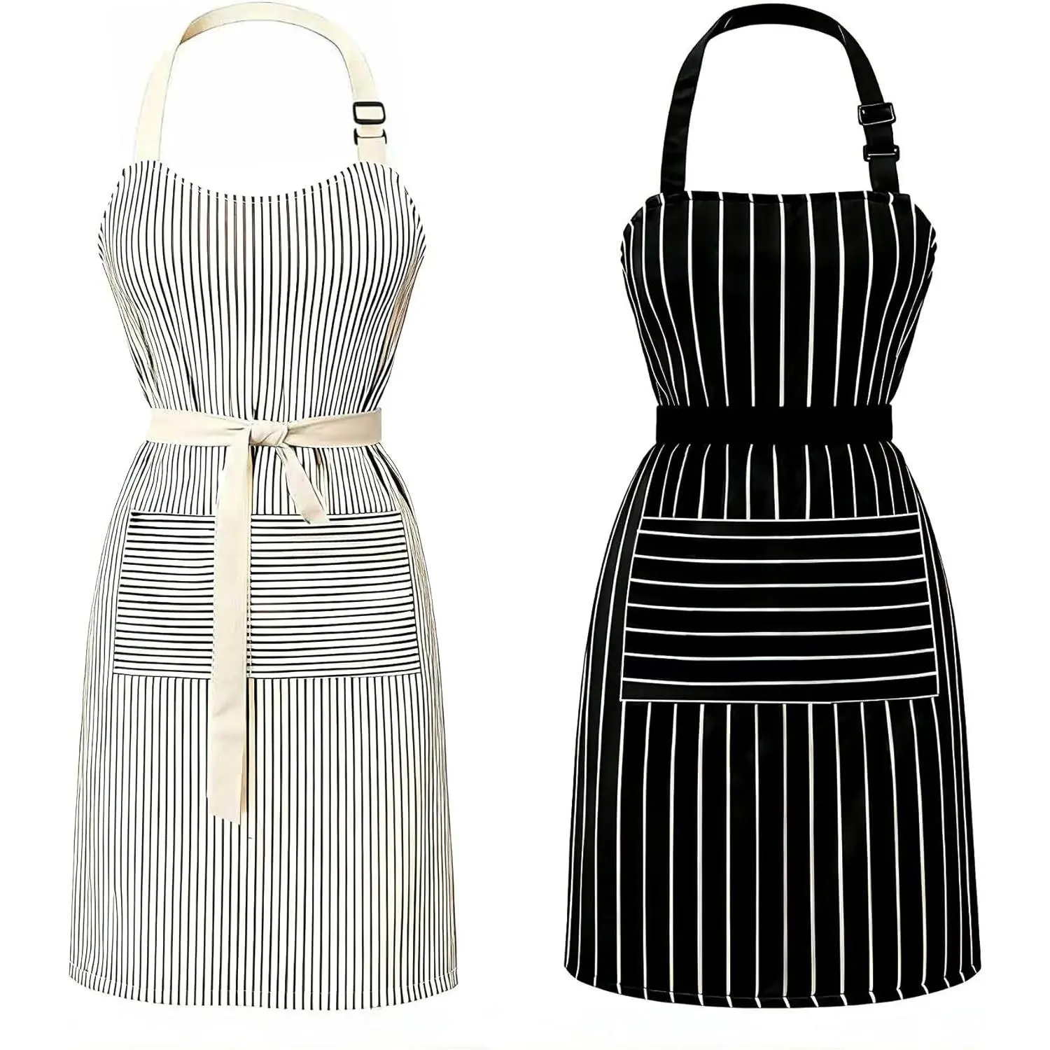 Unisex Custom Personalized Polyester Apron with Adjustable Strap, Pockets, Hand-Friendly Black and Brown Striped Modern Design for Kitchen Chef Cooking - Mom Birthday Gift