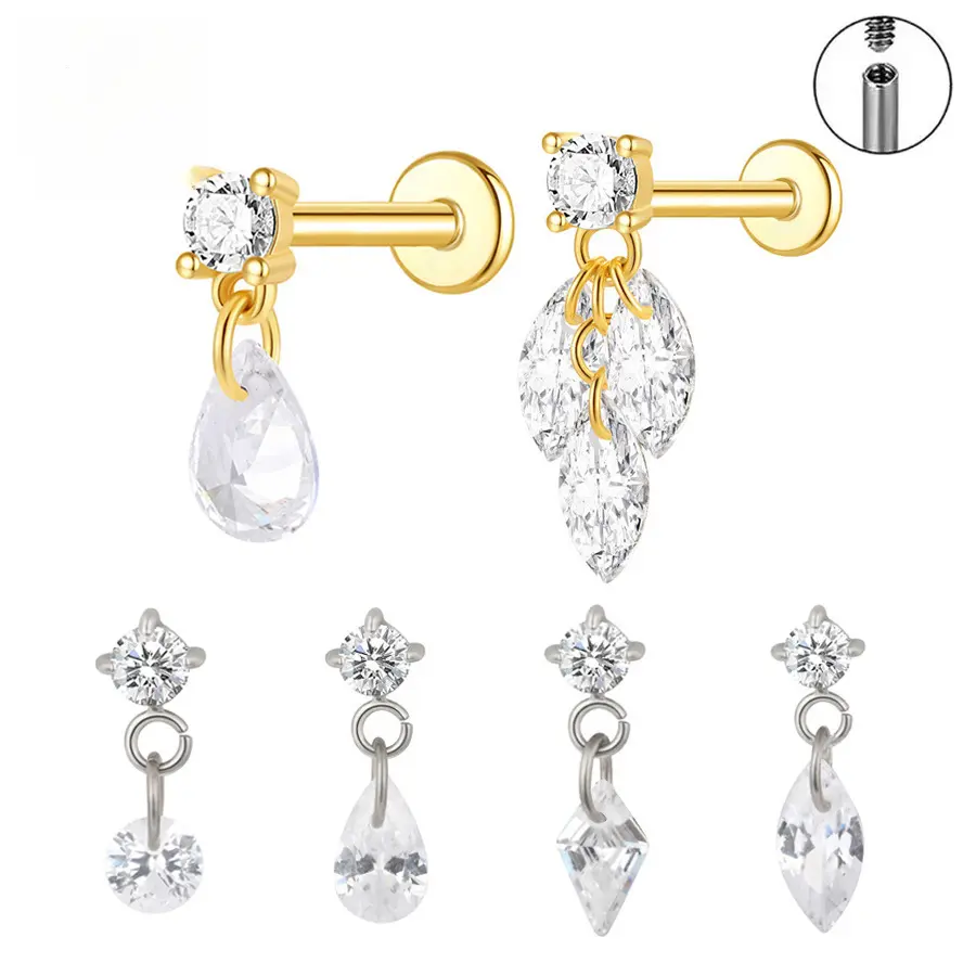 Titanium Alloy Lab Created Zircon Stud Earrings for Ear Lip Helix Tragus Piercing Hypoallergenic Lightweight Dangle Drop Design for Women Girls Sensitive Skin Safe Jewelry