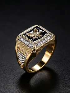 18K Gold Plated Men's Eagle Signet Ring, Square Black Onyx Inlaid CZ Wide Band Statement Ring, Two Tone Textured Shank, Hypoallergenic Tarnish Resistant Hip Hop Luxury Jewelry For Wedding Party Daily, Elegant Exaggerated Ring