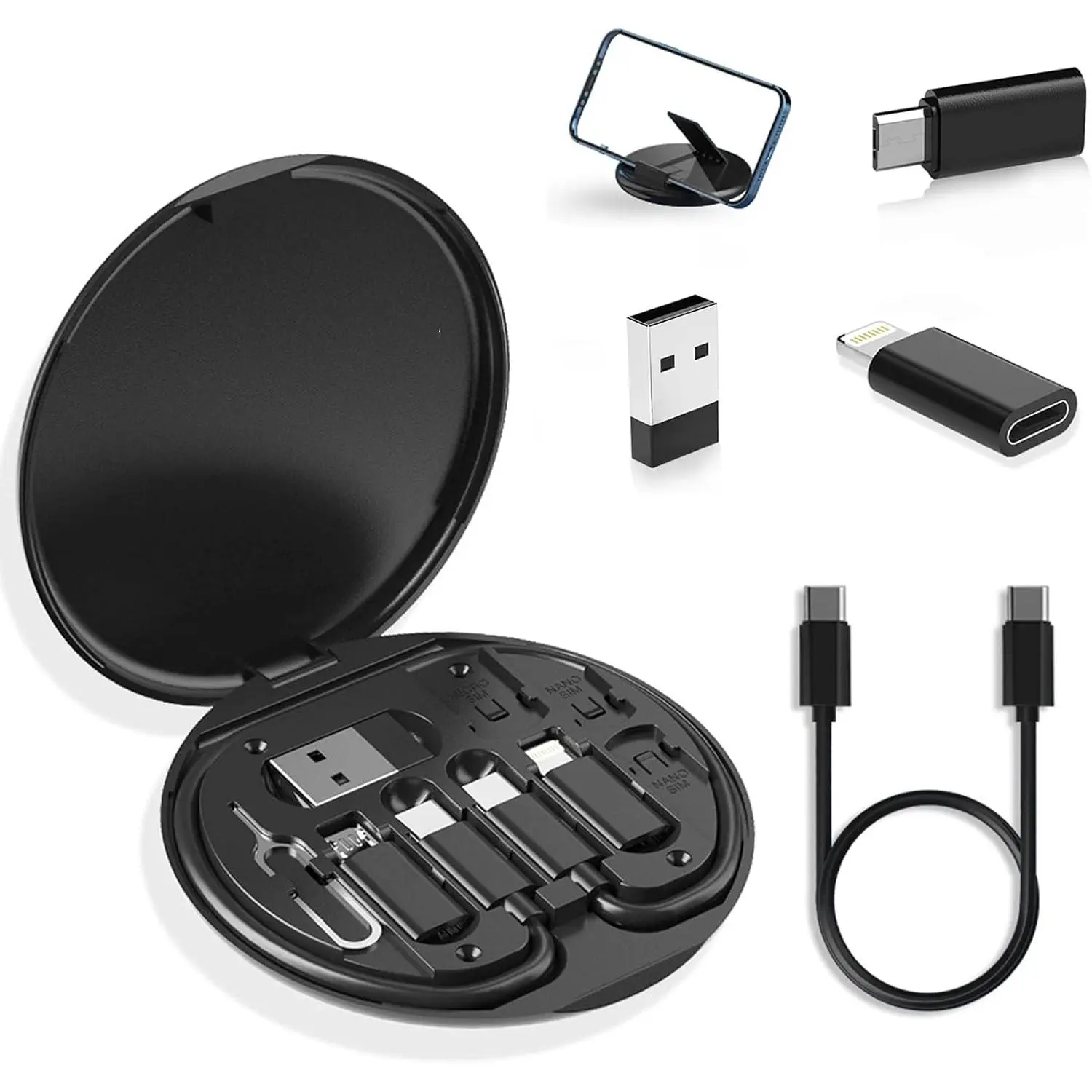 60W Compact Portable Electronic Multi-Adapter Kit - SIM Card Conversion Set, SIM Slot, USB-C Adapter, Type-C Box, Phone Holder for Travel Smartphone & Cellphone Devices