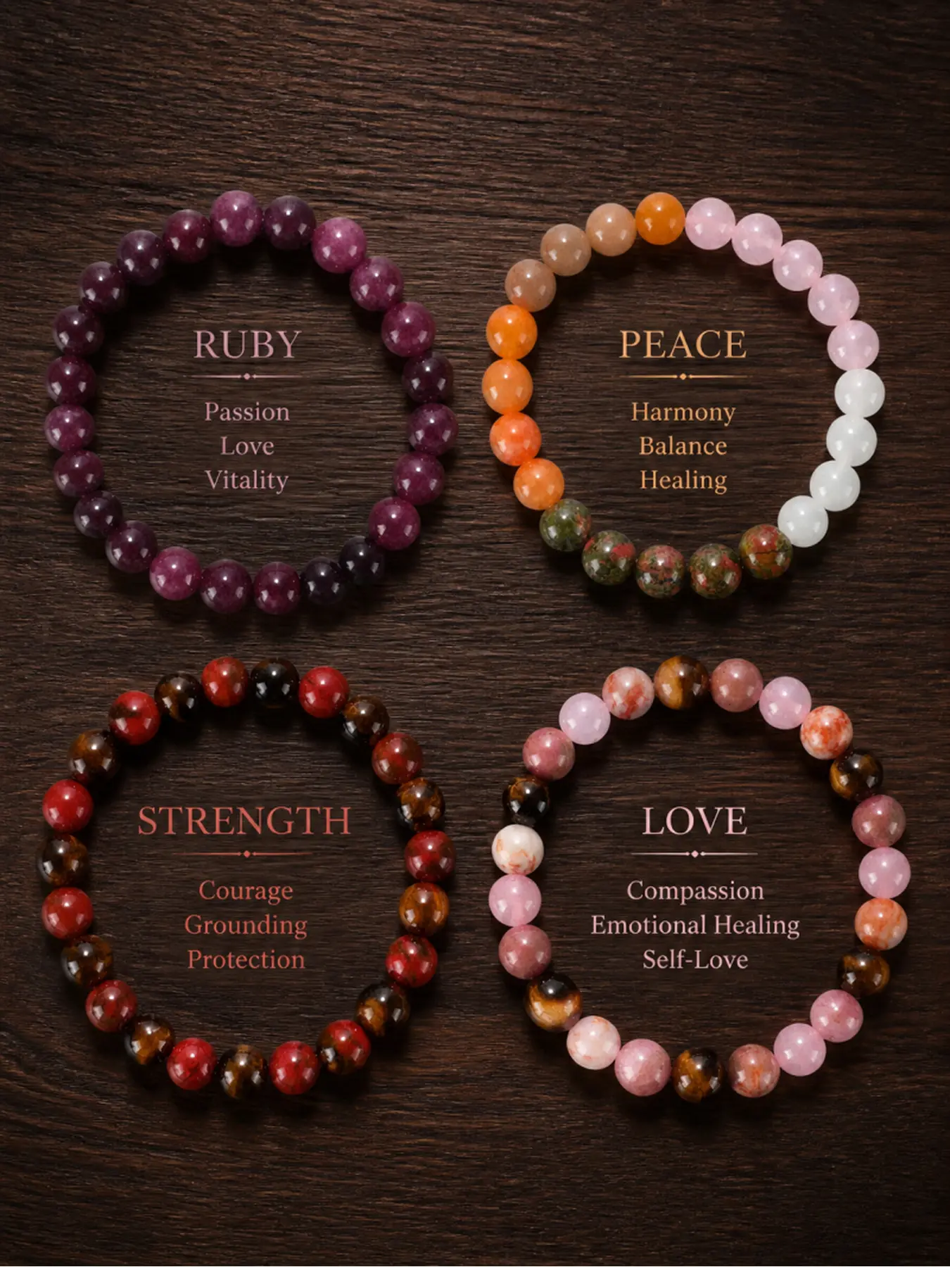 4Pcs Natural Crystal Healing Beaded Bracelet Set, Energy Stone Round Bead Stack Bracelets, Unisex Spiritual Meditation Hand Jewelry Gift