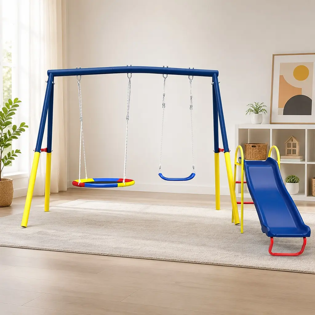 ARCH Heavy-Duty Metal 3-in-1 Swing Set for Backyard with Kids Slide, Saucer Swing & Belt Swing, Outdoor Playset for Garden Patio, ASTM & CPSC Compliant
