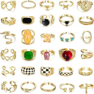 30Pcs 18K Gold Plated Chunky Rings for Women Chunky Twisted Signet Rings Stackable Knuckle Midi Ring Adjustable Open Ring Sets