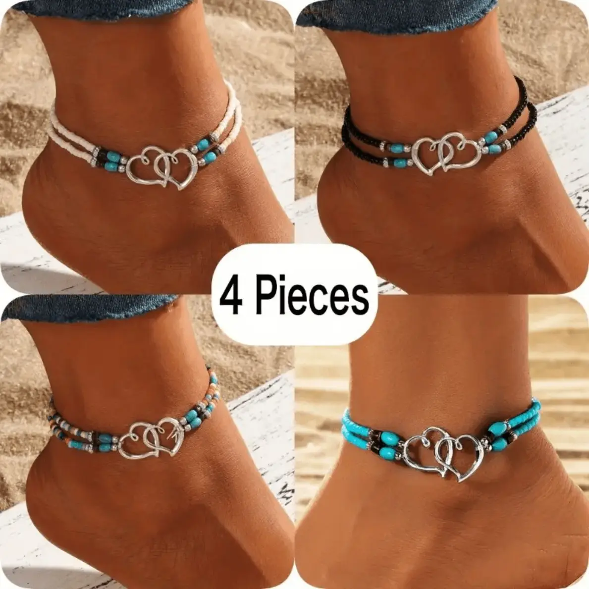 4-Pack Bohemian Seed Bead Anklet Set – Stretch Adjustable, Hollow Double Heart Charm, Multi-Color Vintage Ankle Bracelet for Women & Men, Beach Party Jewelry Gift, Foot Jewelry, Cute Anklets