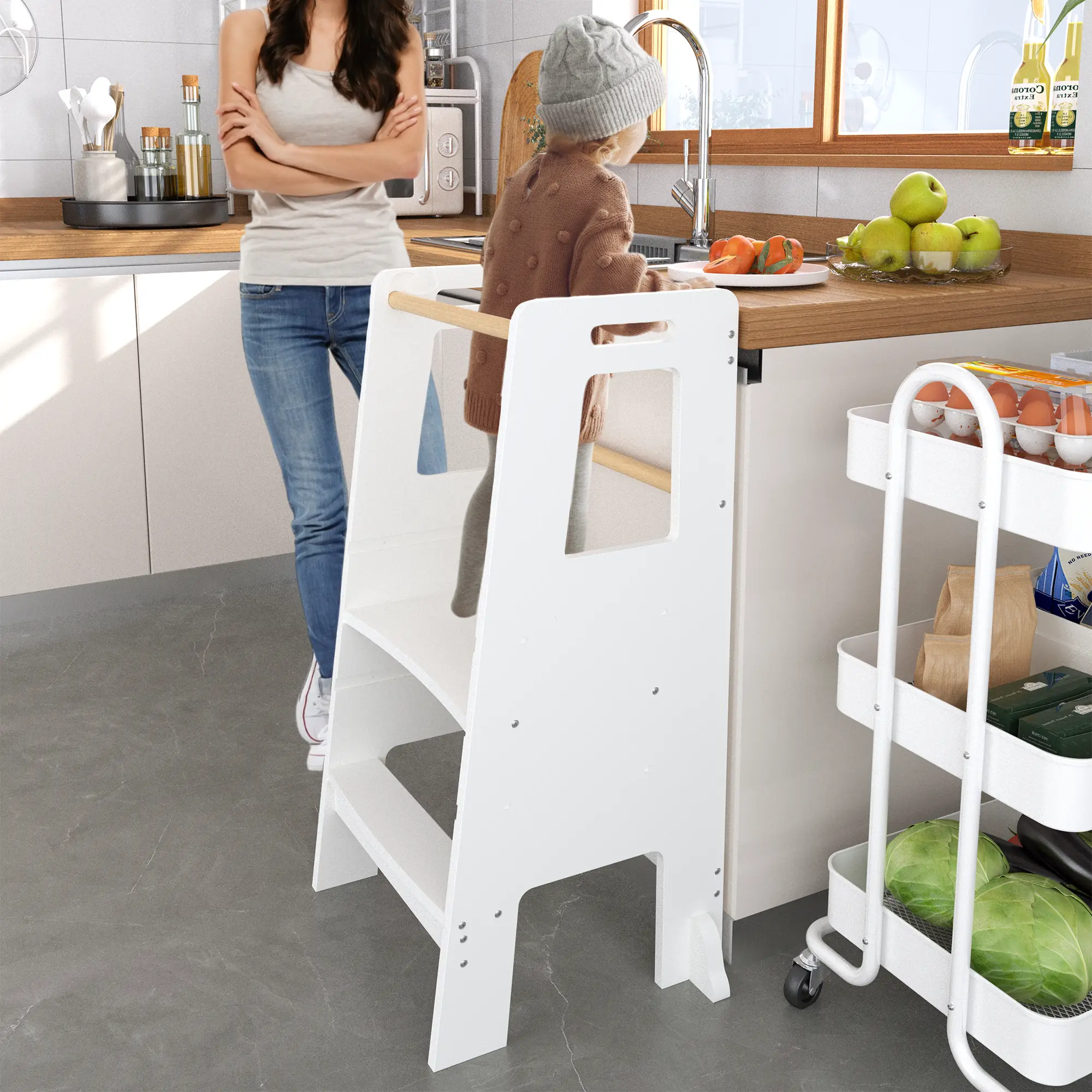 ARCH Kids Standing Tower Adjustable Height Wooden Step Stool for Toddlers, Montessori Learning Kitchen Helper Stool, White Children's Stepping Stool for Counter, Sink, and Cooking Activities, Safe and Sturdy Design, Living Room Table for Sofa Side
