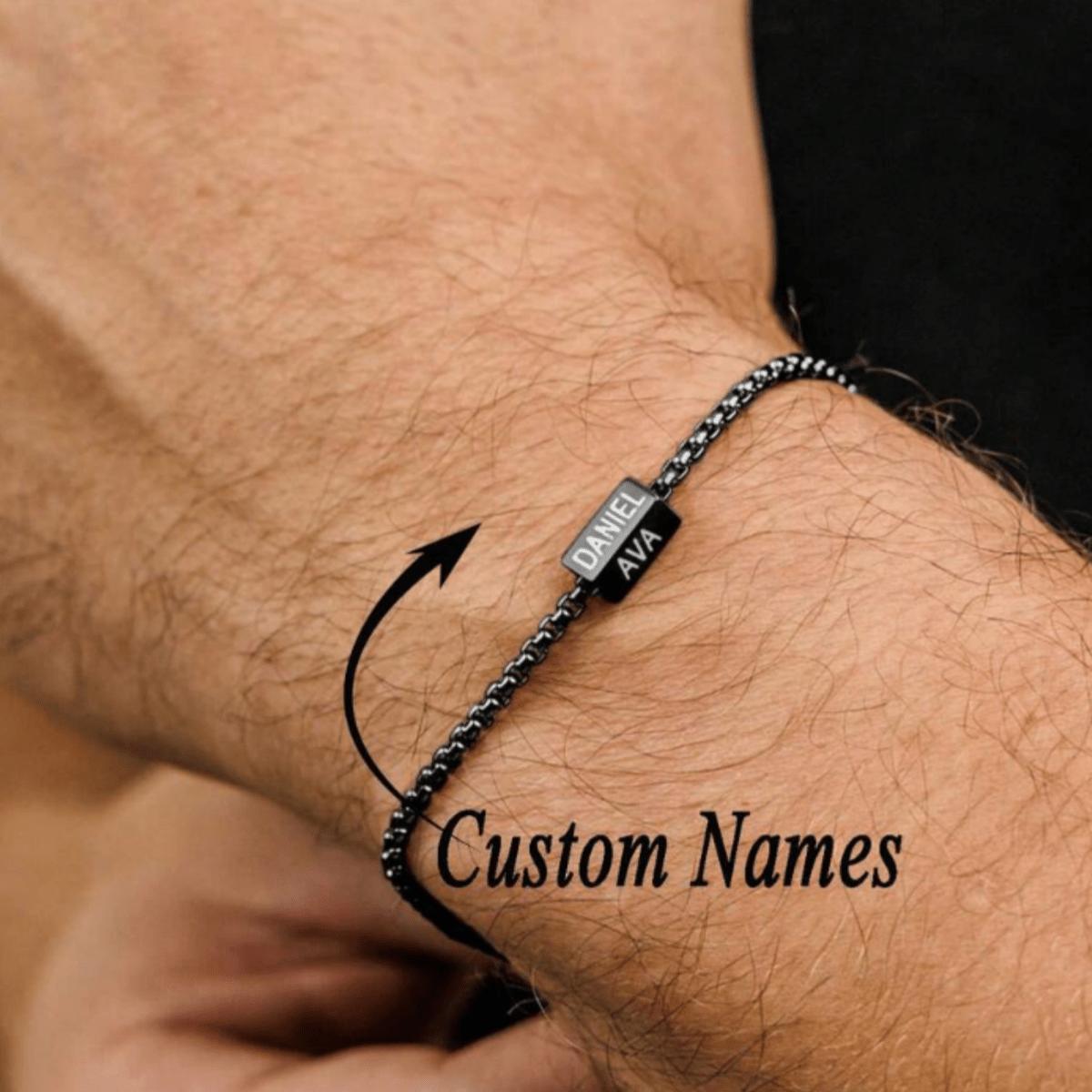 A personalized stainless steel square pendant bracelet for men with custom name engraving, a multi-name engraving bracelet with personalized engraving on 1-4 sides, a stainless steel square pendant bracelet with personalized engraving on 1-4 sides, a Fath