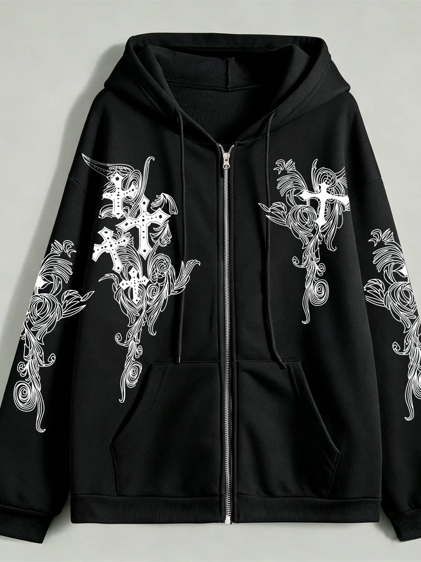 Men's Graphic Cross Print Zipper Casual Streetwear Hoodie, Couples Lazy Style Oversize Casual Long Sleeve Top, Fall Season Loose-Fitting Shirt