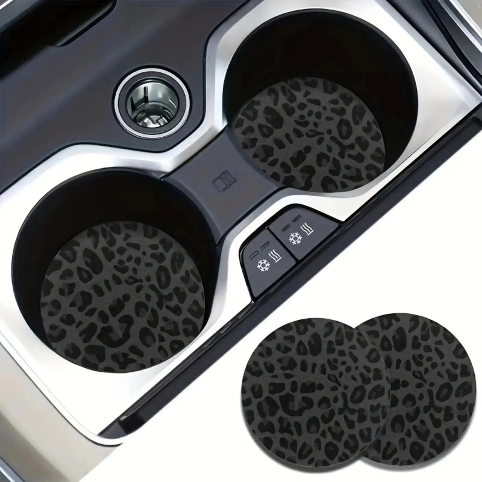 2PCS Summer Black Gray Leopard Print Car Coasters, Non-Slip Cup Holder Inserts, Trendy Y2K Stylish Car Interior Decor Accessories