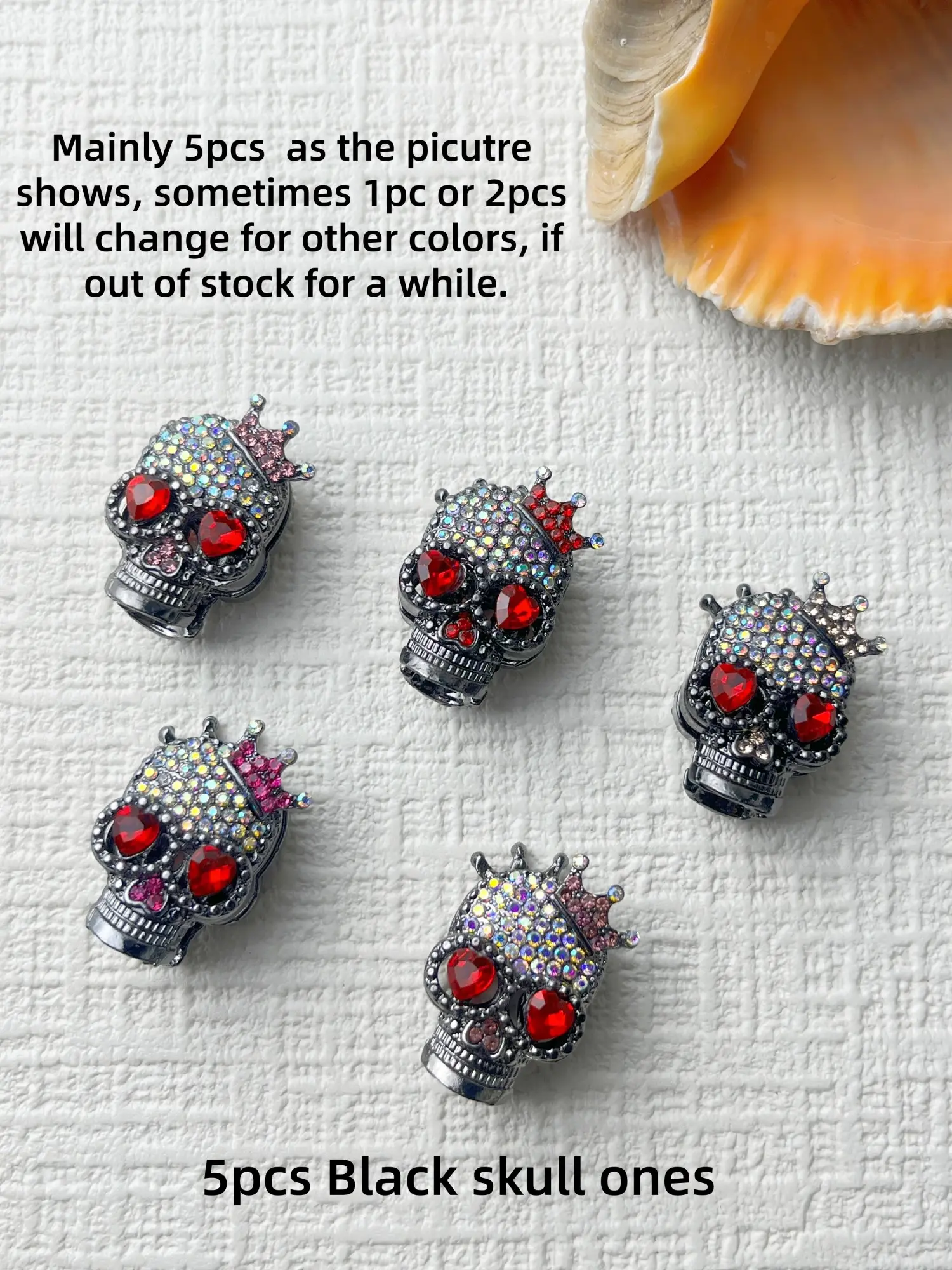 5pcs Alloy Skull Beads with Rhinestones, DIY Jewelry Making Supplies, Creative Stylish Black or Silvery Metal Beads, Colorful faux diamonds, Bead Assortment