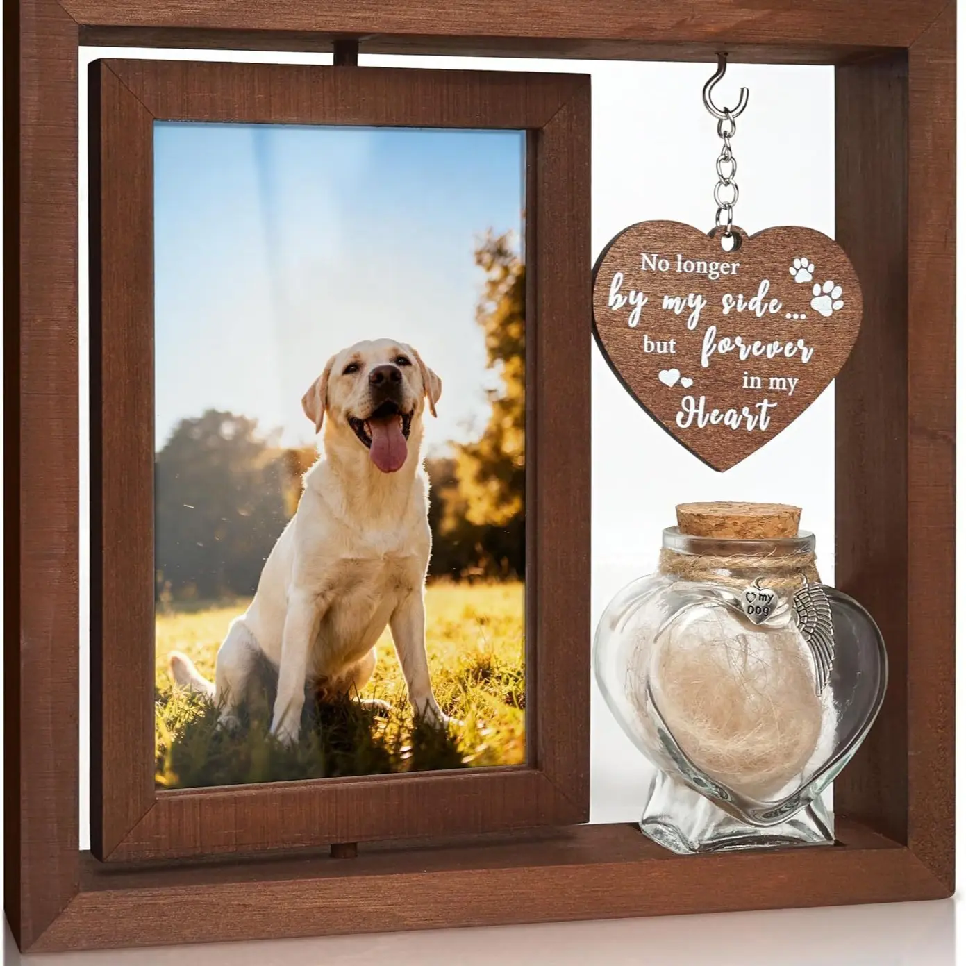 Rotatable Double Sided Photo Frame, Wooden Material Pet Memorial Frame with Cherished Memories and Heart Pendant, Battery-Free Display Stand for Home Decor, Gift for Friends & Lovers