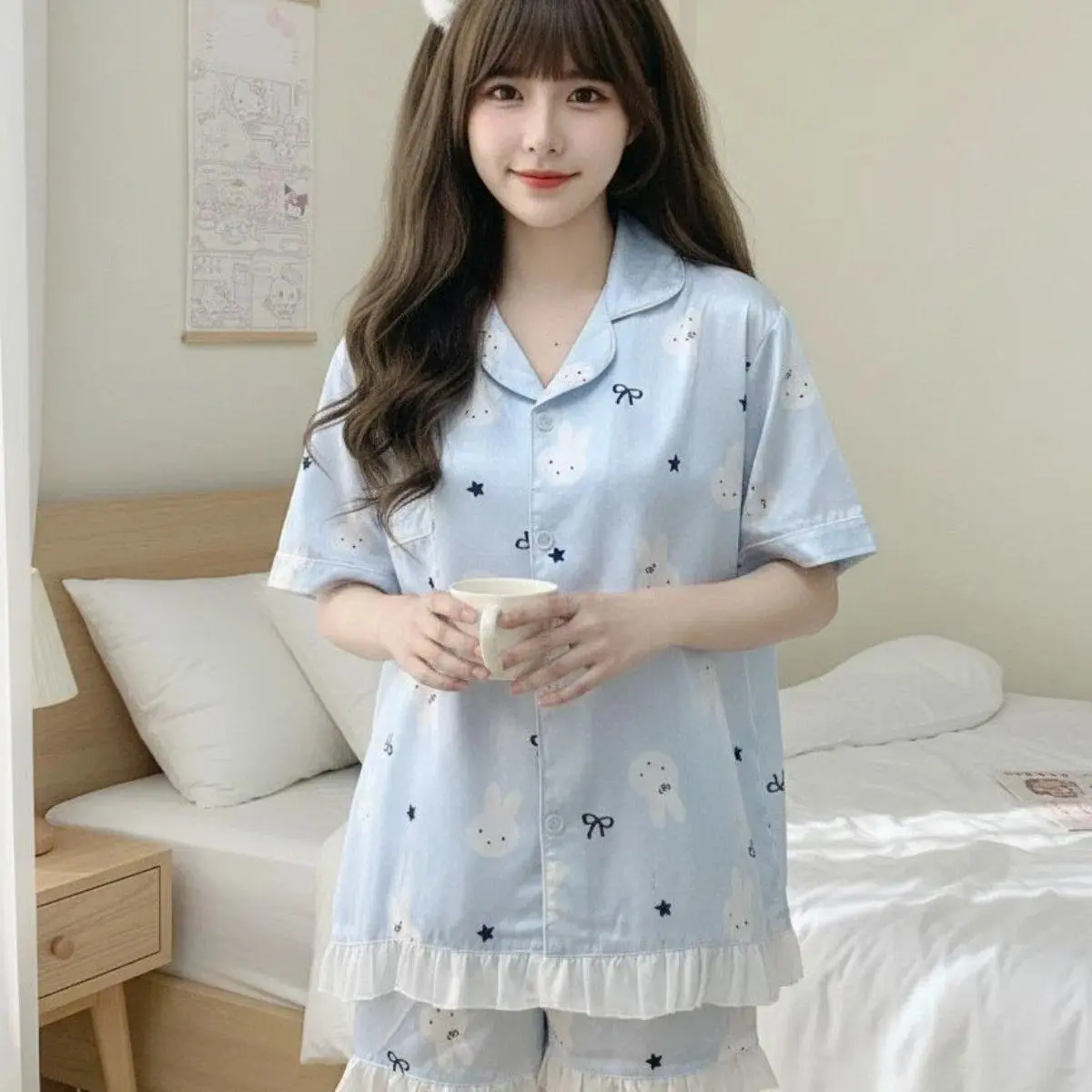 Kawaii Miffy Pajamas Cute Cartoon Style Women's Pajama Set with Short Sleeves and Short Pants Made of Silk for Home Wear