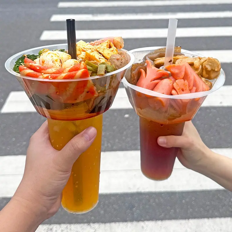Snack Drink Cups Set, 5/10 Clear Disposable Plastic Party Cups with Snack Bowls, Includes 5/10 Cups, 5/10 Bowls, 5/10 Straws, Perfect for Parties, Stadiums, Movie Nights
