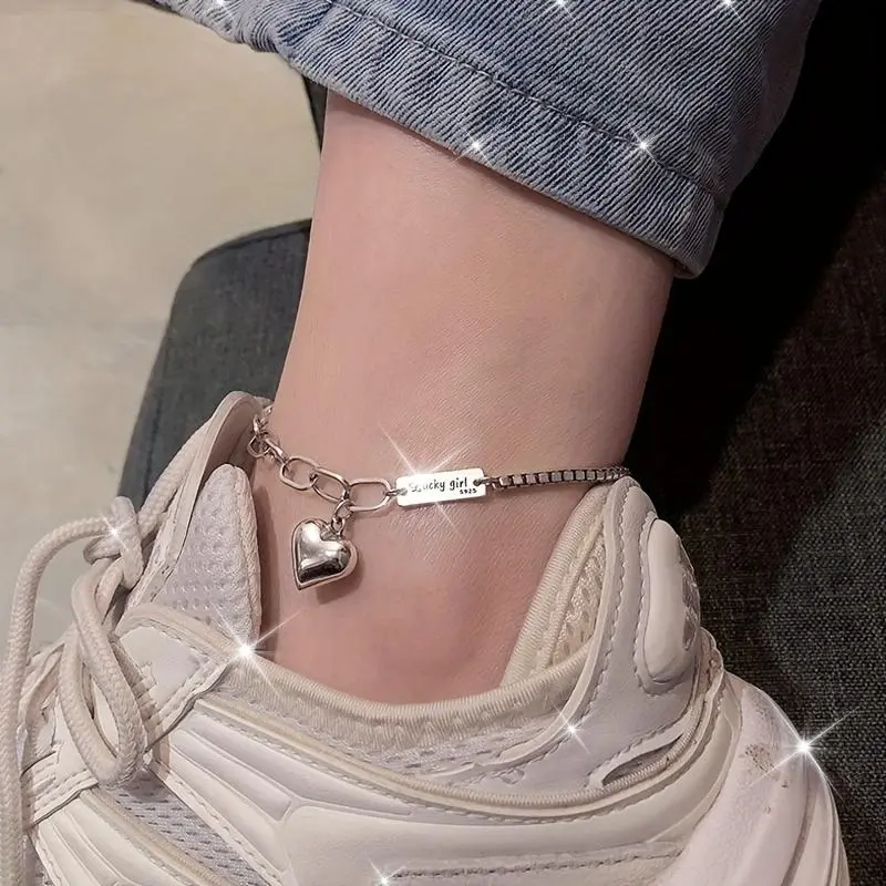Women's 925 Sterling Silver Minimalist Heart Charm Anklet - Dainty Size Feminine Look Wipe Clean Chain Ankle Bracelet with Tag Detail, Summer Jewelry Gift for Her