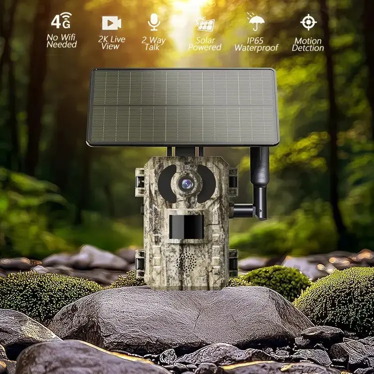 4G LTE Cellular Trail Camera with Solar Panel, 2.7K Live View, Remote Phone Access & Playback, 0.2s Fast Trigger, Motion Activated Night Vision, Built-in SIM for Farm Ranch Wildlife Monitoring,Cellular Data Plan Required