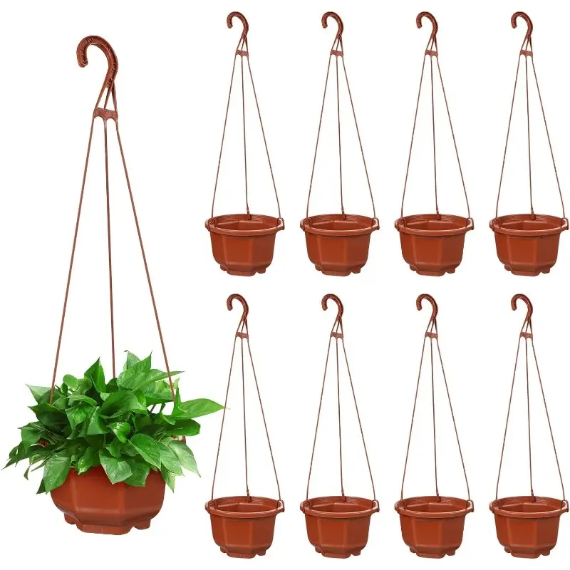 16 hanging flowerpots (8 trays and 8 chains) plastic flowerpots, Hanging planter, with drainage trays and chain fixers, suitable for succulent plants, and indoor and outdoor balcony gardens