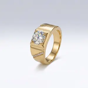 Chunky Wide Square Bezel Signet Ring Silver Plated Brilliant Round Moissanite Center Stone Dual Side Accent Moissanite Inlay Geometric Statement Band 2 Finishes Gold Plated / Silver Plated Unisex Fashion Jewelry US Sizes 6-13