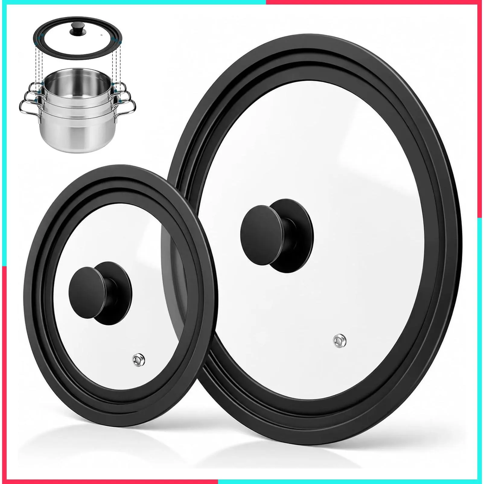 Universal Silicone Lid for Pots, Pans & Skillets, 2 Pack Fits 7" to 12" Diameter Cookware, Replacement Cover for Frying Pans, Cast Iron & Tempered Glass