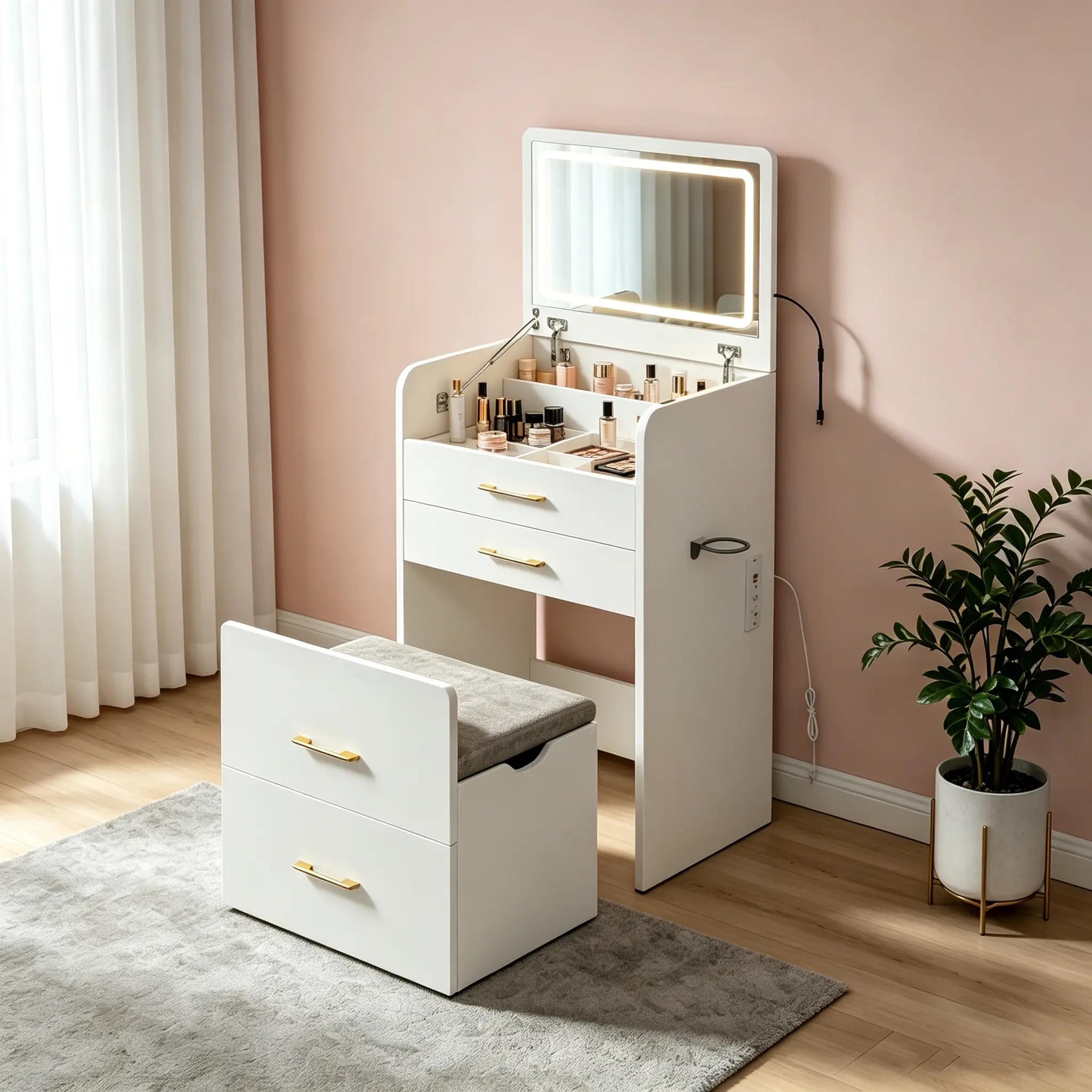 ARCH 3-in-1 Vanity Desk with LED Mirror & Power Outlet, 23.6" Flip-Up Dressing Table with Charging Station, 3 Drawers, Glass Top, Padded Stool, White Engineered Wood Makeup Vanity for Bedroom, Small Spaces, Dorm Rooms, White Color Options