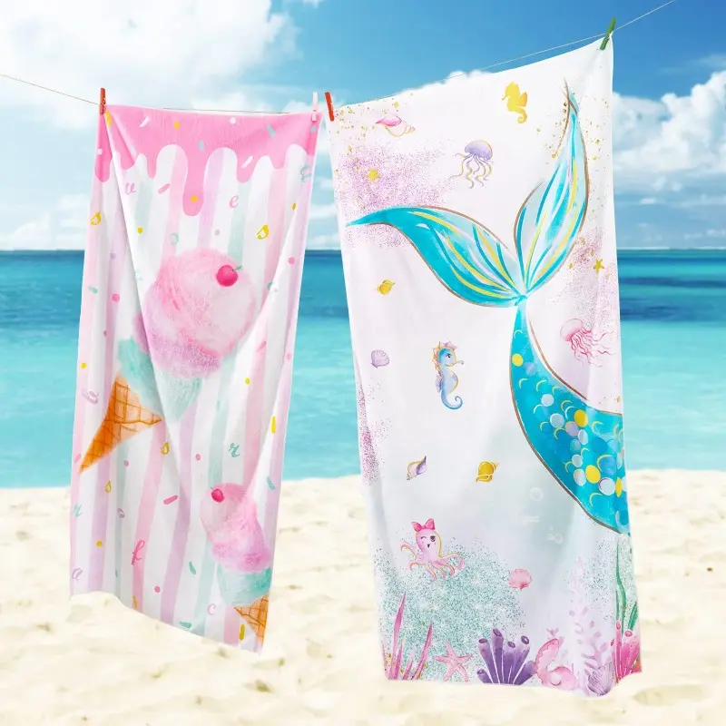 Mermaid Kids' Beach Towel, Quick-Dry Swim Towel for Girls | 31.5" x 63" Sand-Free Microfiber Beach Towel – Personalized Pool, Bath, and Camping Towel for Toddlers; A Beach Essential