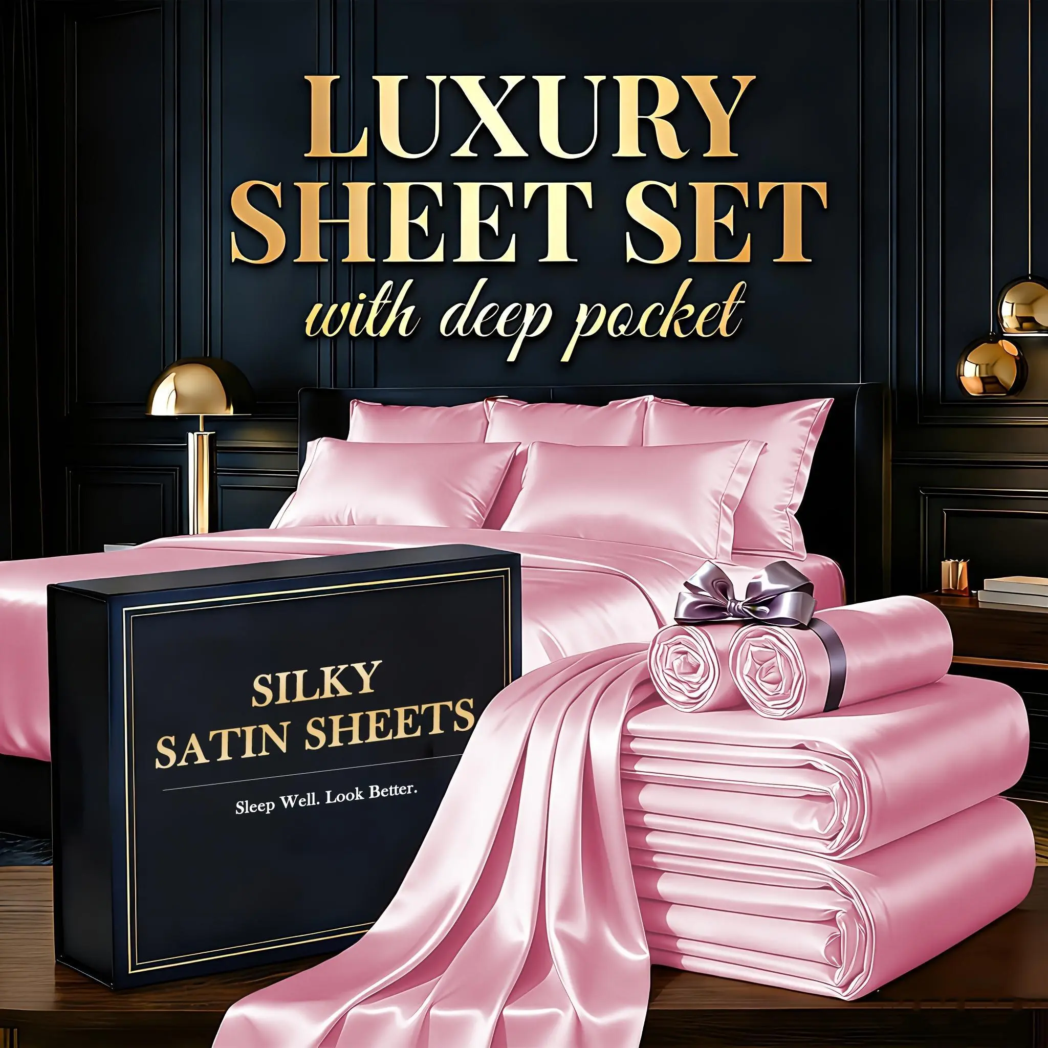SASTTIE 3/4 PCS Satin Luxury Cooling Sheets - Satin Bed Sheets Set Queen Size - 2200TC Ultra Soft & Silky Children Sheet & Pillowcase Sets - Deep Pockets - Durable Double Stitching - Unmatched Comfort & Softness Sleep - Perfect Fit For All Beds Set
