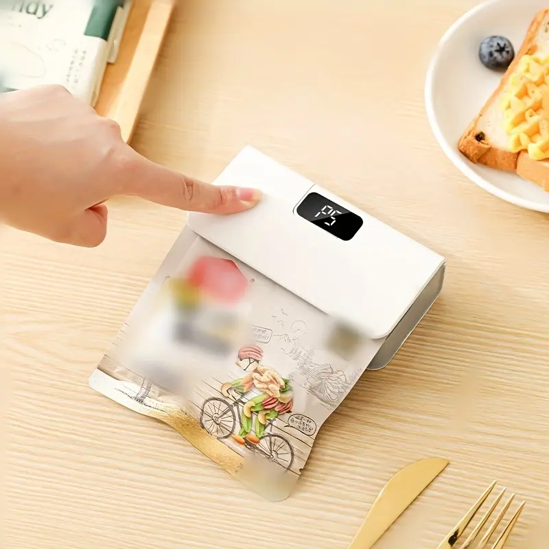 Portable mini sealing machine.The two-in-one function of sealing machine + blade.Type-C charging.Intelligent digital display, 6-speed temperature adjustment, magnetic design of refrigerator.Suitable for sealed tea bags/nuts/bread bags, etc.