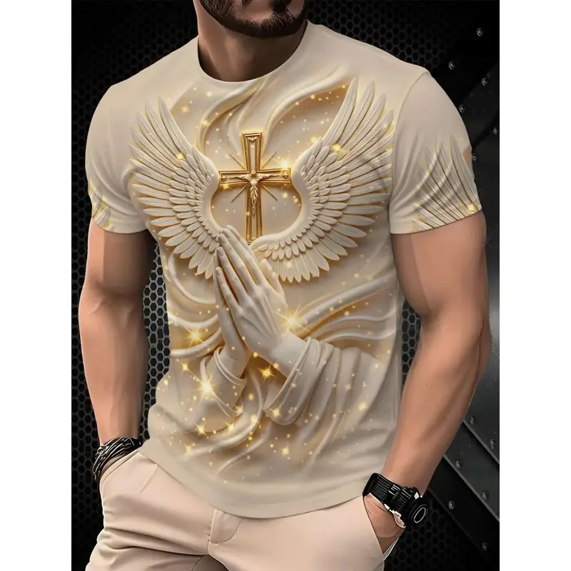 Men's Religious Prayer Angel Wings Cross 3D High Definition Graphic Print T-Shirt, Round Neck Short Sleeve Slim-Fit Summer Streetwear Tee